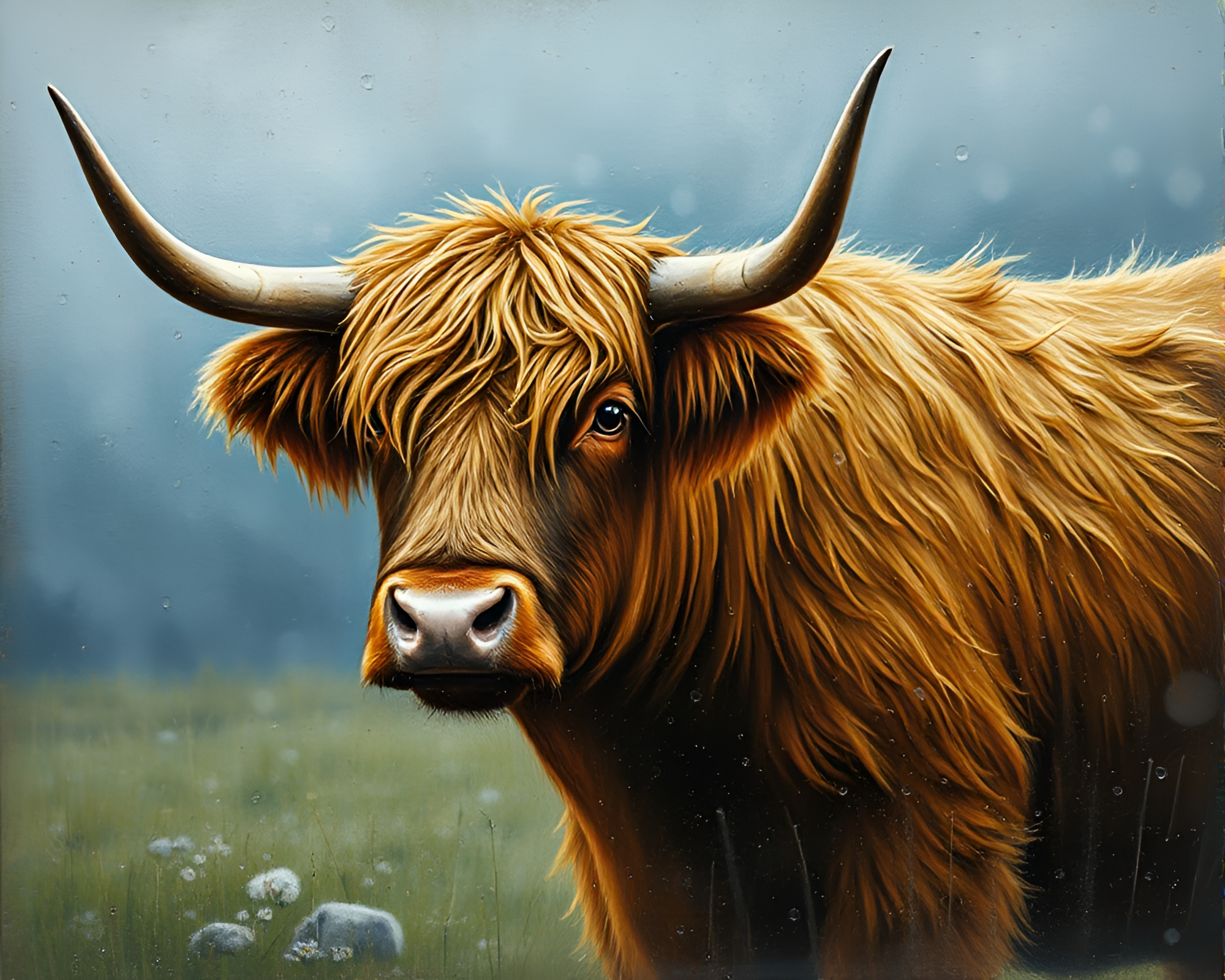 Highland Cow in Misty Film Grain – free AI stock image
