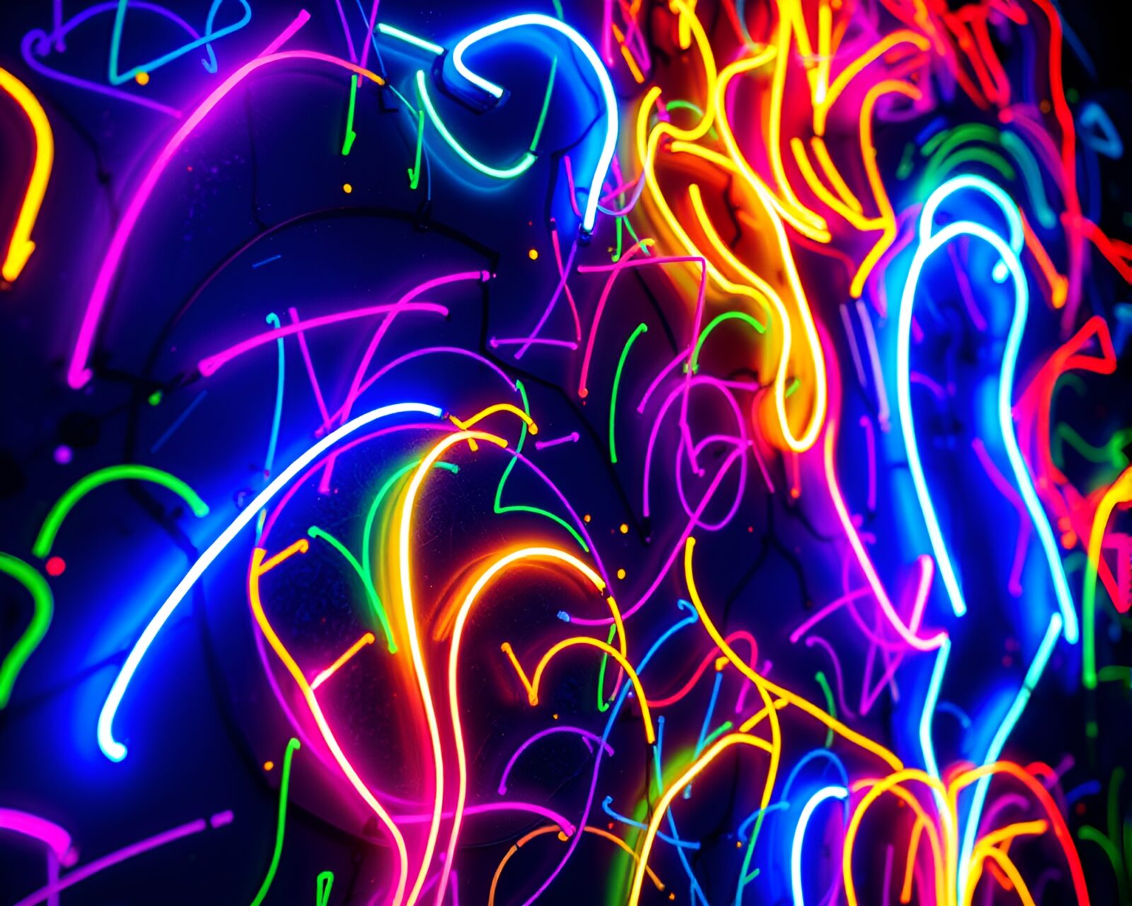 Intricate neon patterns and graffiti glowing in ultraviolet light
