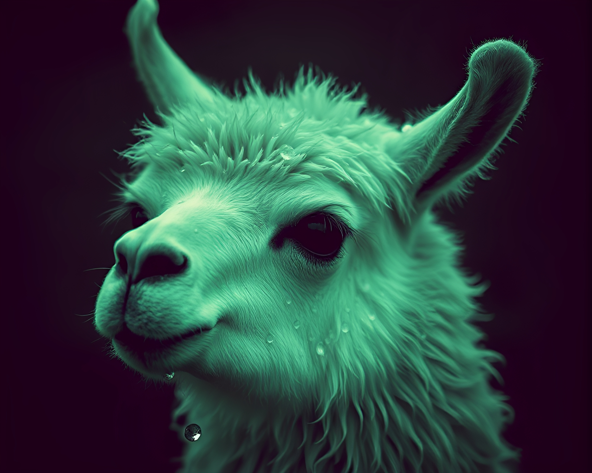 Llama in Monochrome Green: Dew Drops Delight – free AI stock image