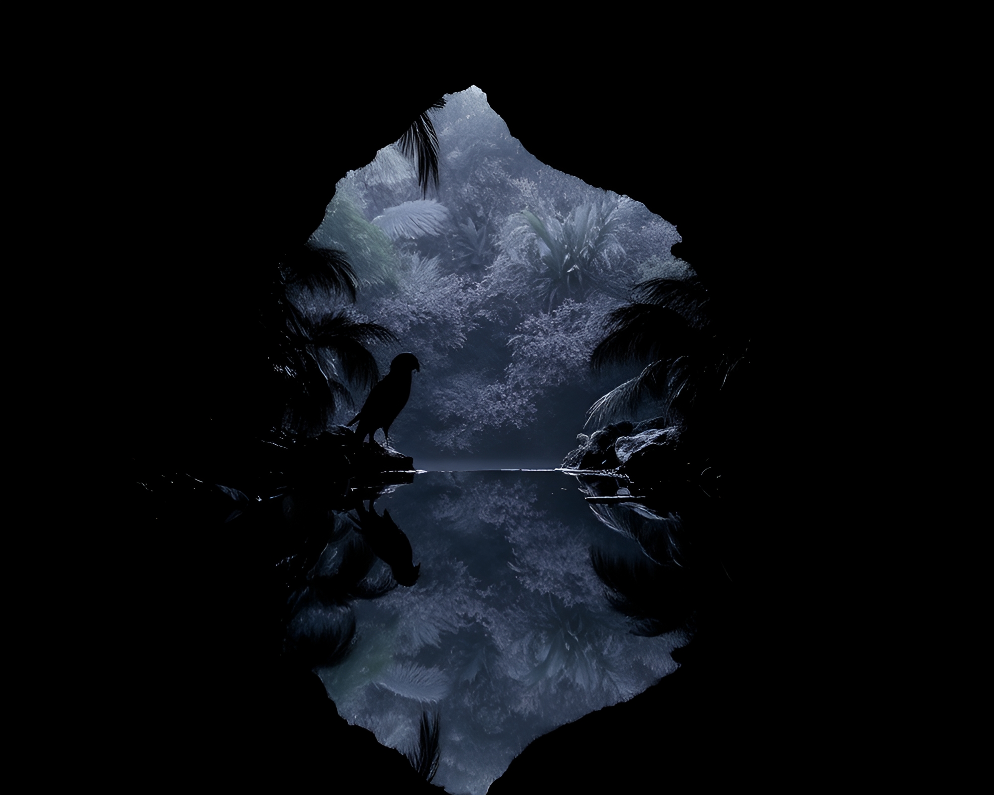 Tropical Parrot Reflecting in Dark Cave Entrance – free AI stock image
