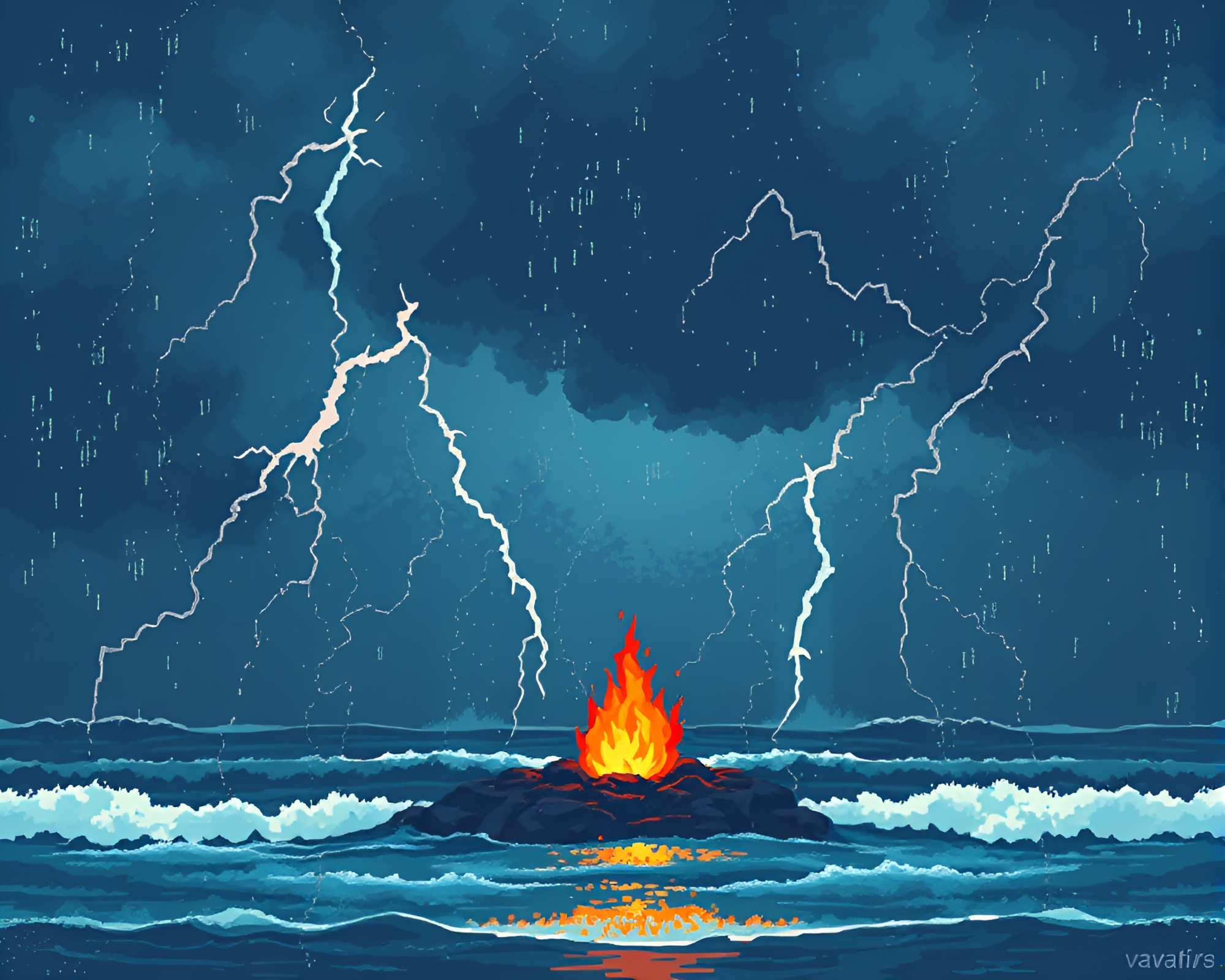 Stormy Ocean Pixel Art with Fireplace Ambiance – free AI stock image