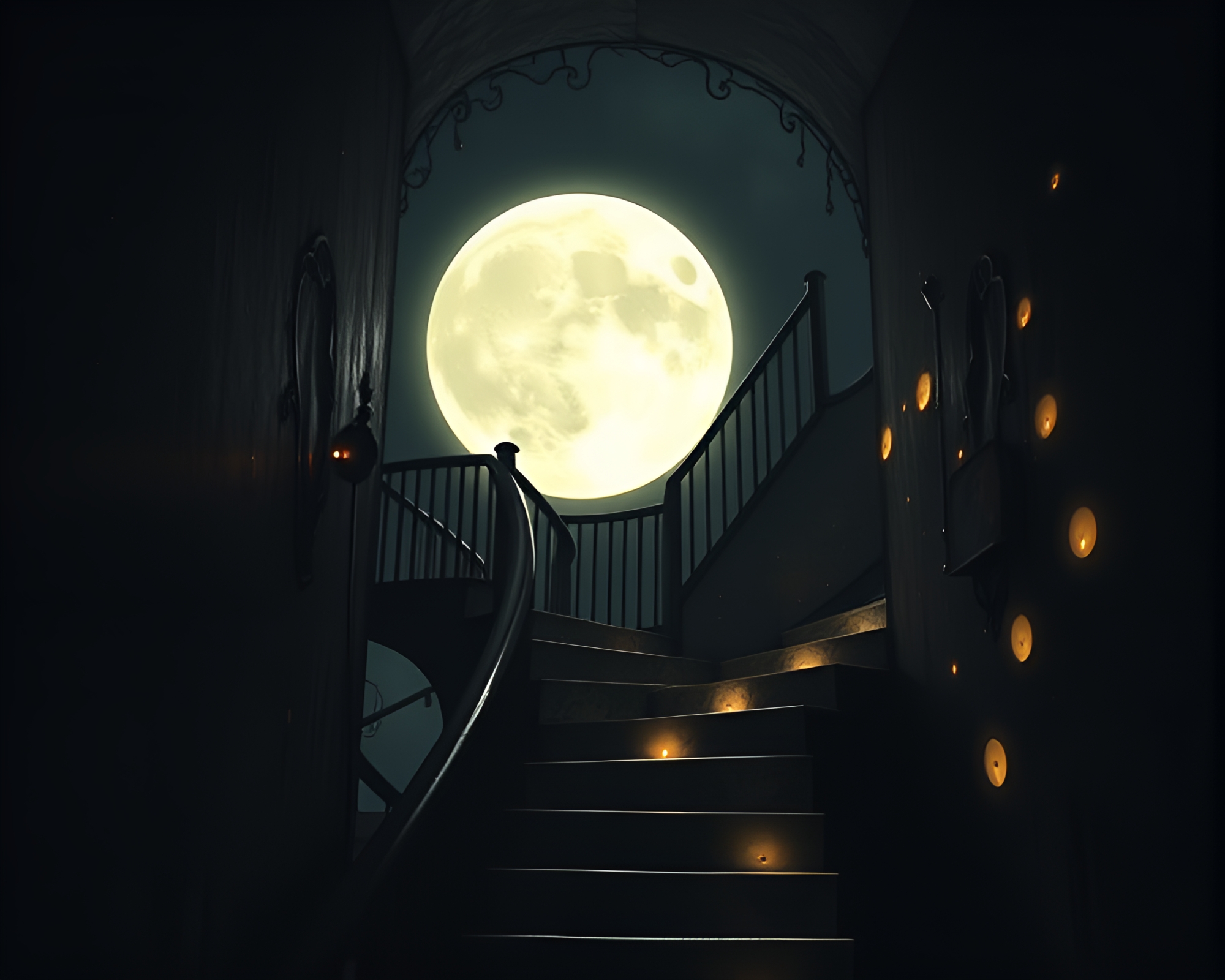 Eerie Escher Staircase in Moonlit Mildew Setting – free AI stock image