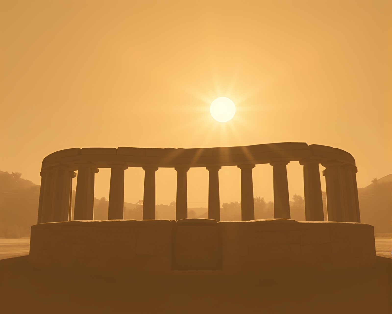 Architectural rendering of a stone circle under sepia sunlight