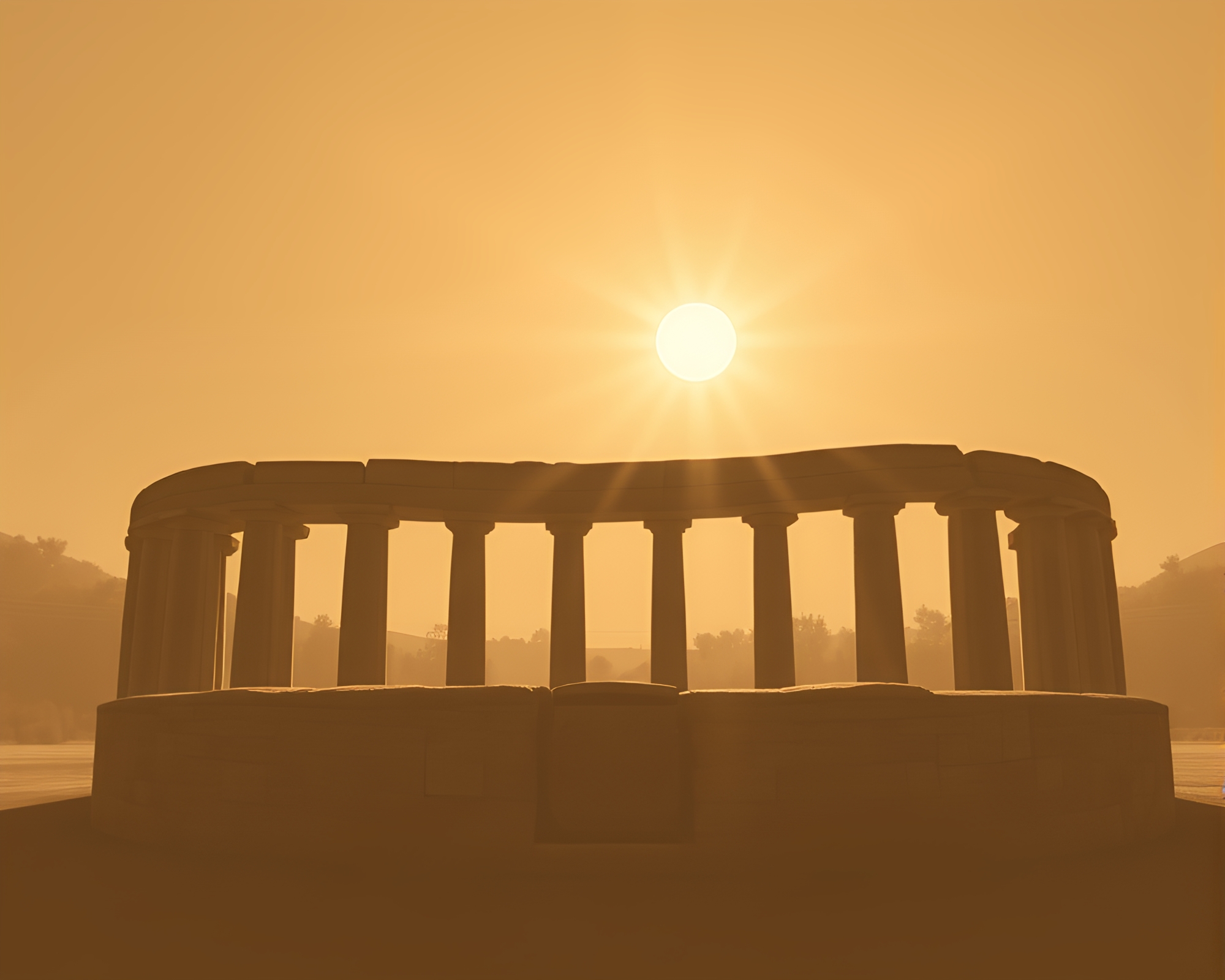 Sepia Stone Circle Meeting with Glaring Sun Reflections – free AI stock image