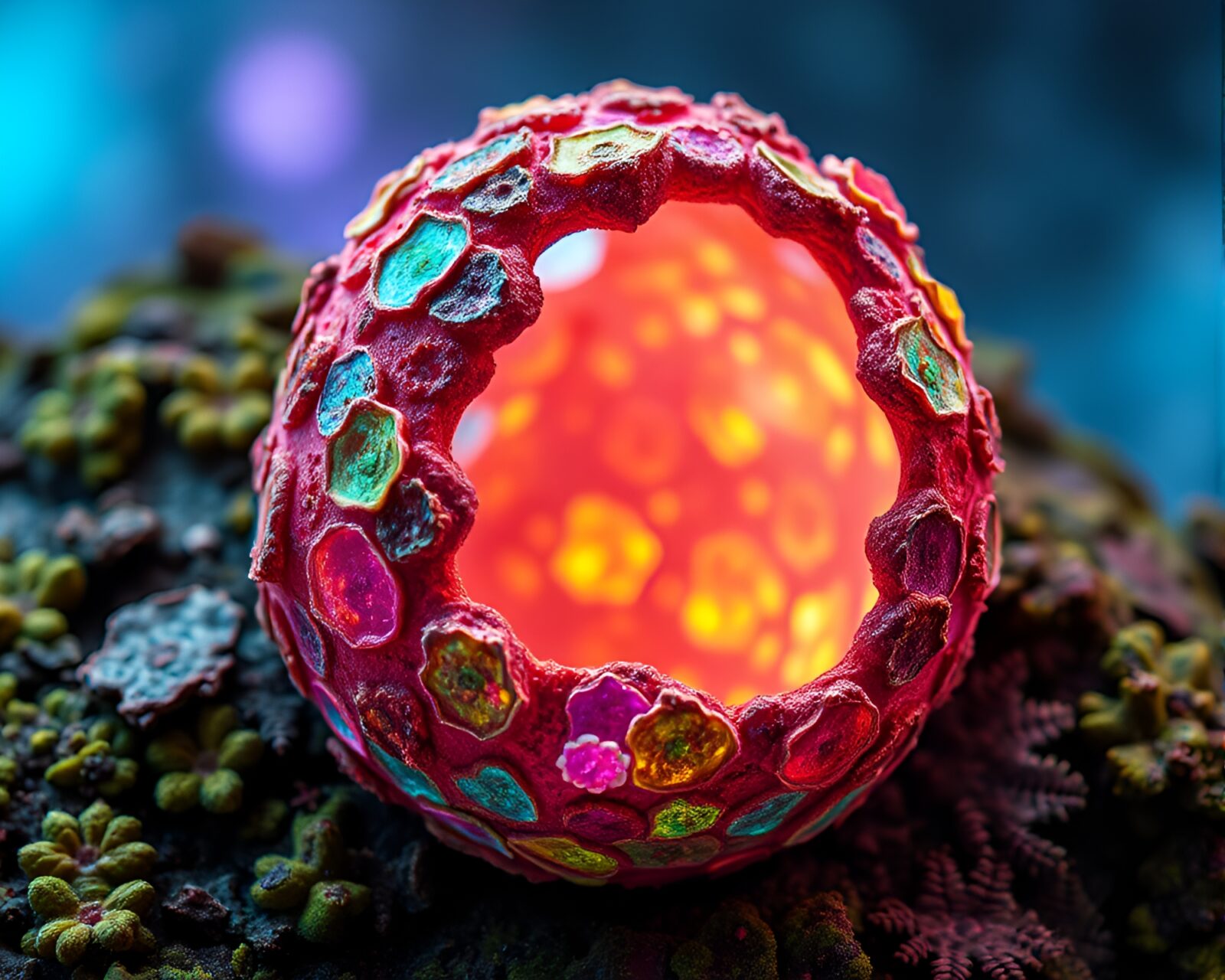Glowing dragon egg surrounded by lichen in cosmic hues