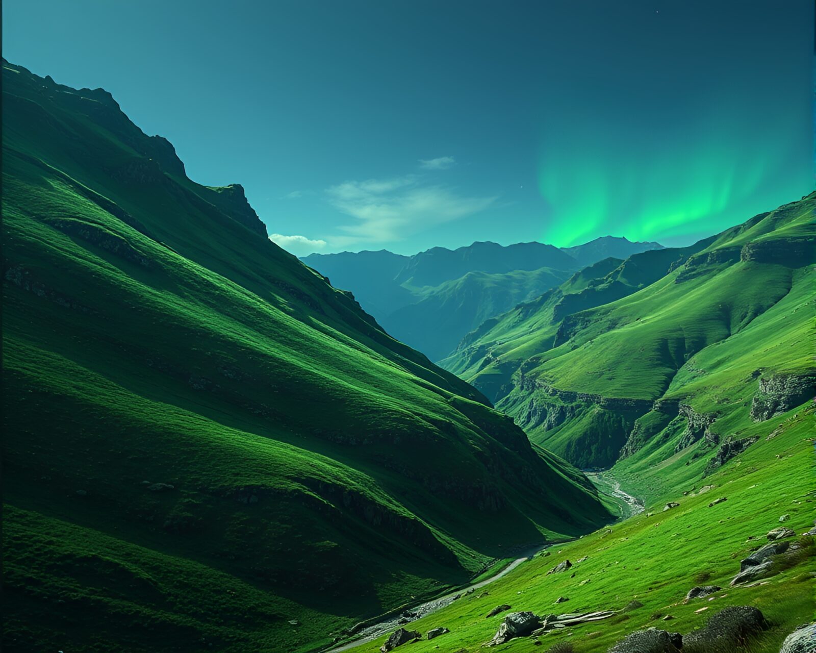 Tilted angle surreal valley landscape with vibrant green hues