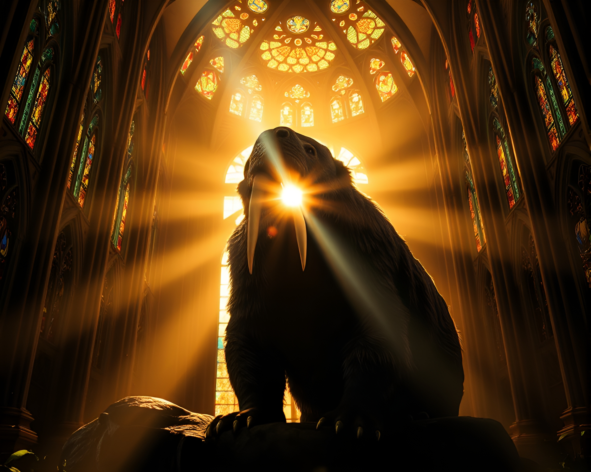 Majestic Walrus under Ethereal Cathedral Lighting – free AI stock image