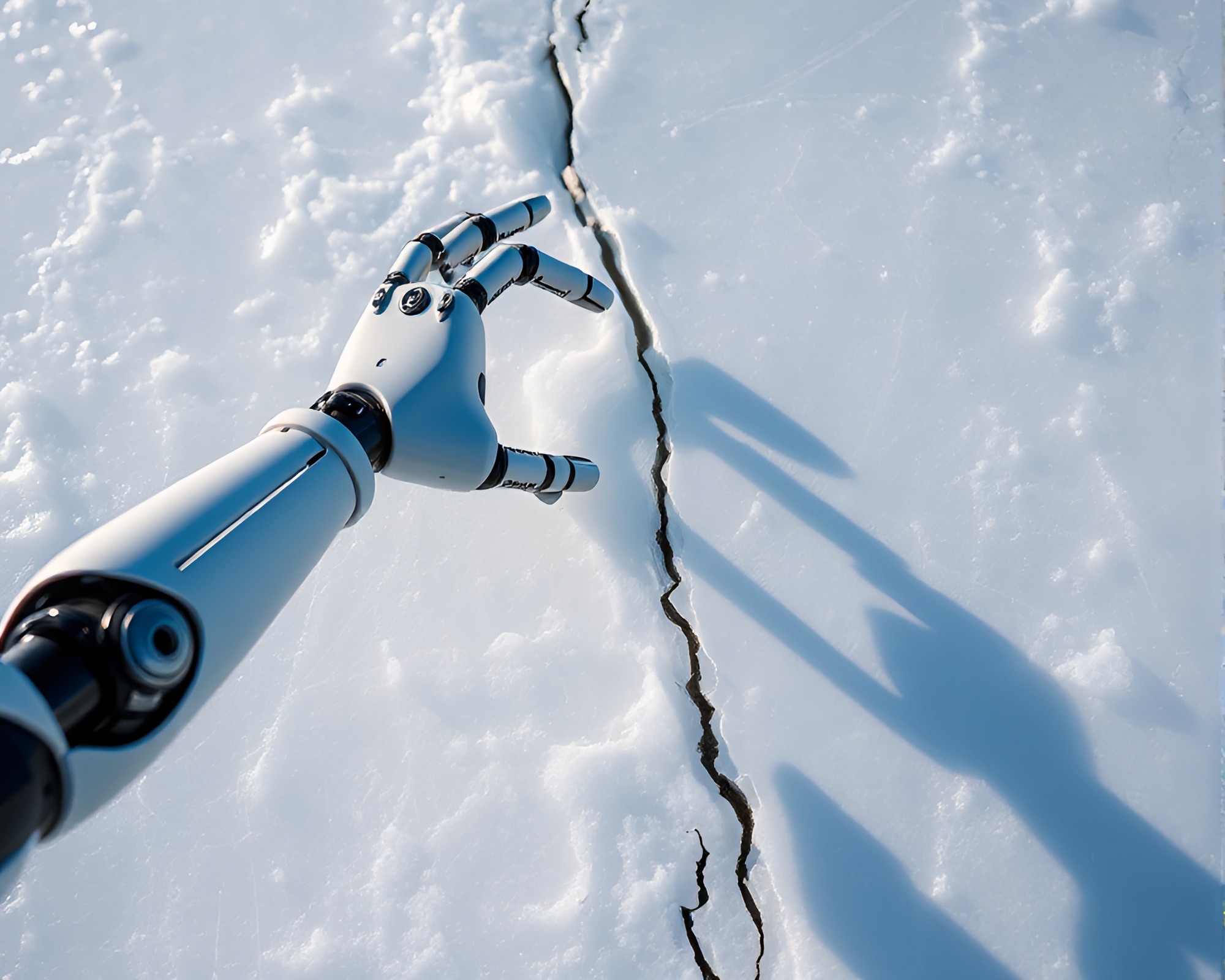 Icy Robotic Arm Reflecting Crack on Cliffside – free AI stock image