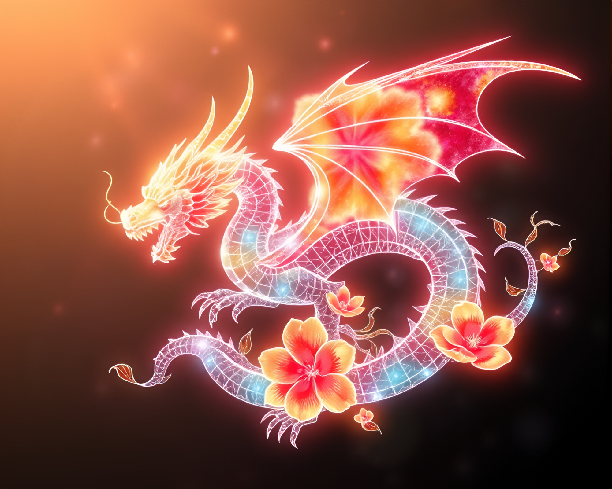 Watercolor Dragon Blooming in Glow-in-the-Dark Wireframe – free AI stock image