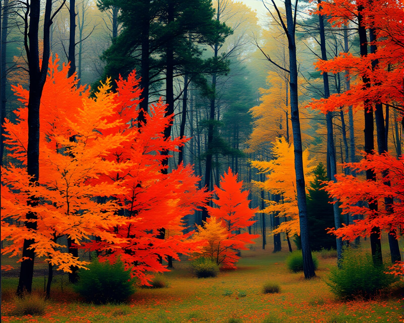 A serene Autumn forest scene with a halftone grid effect
