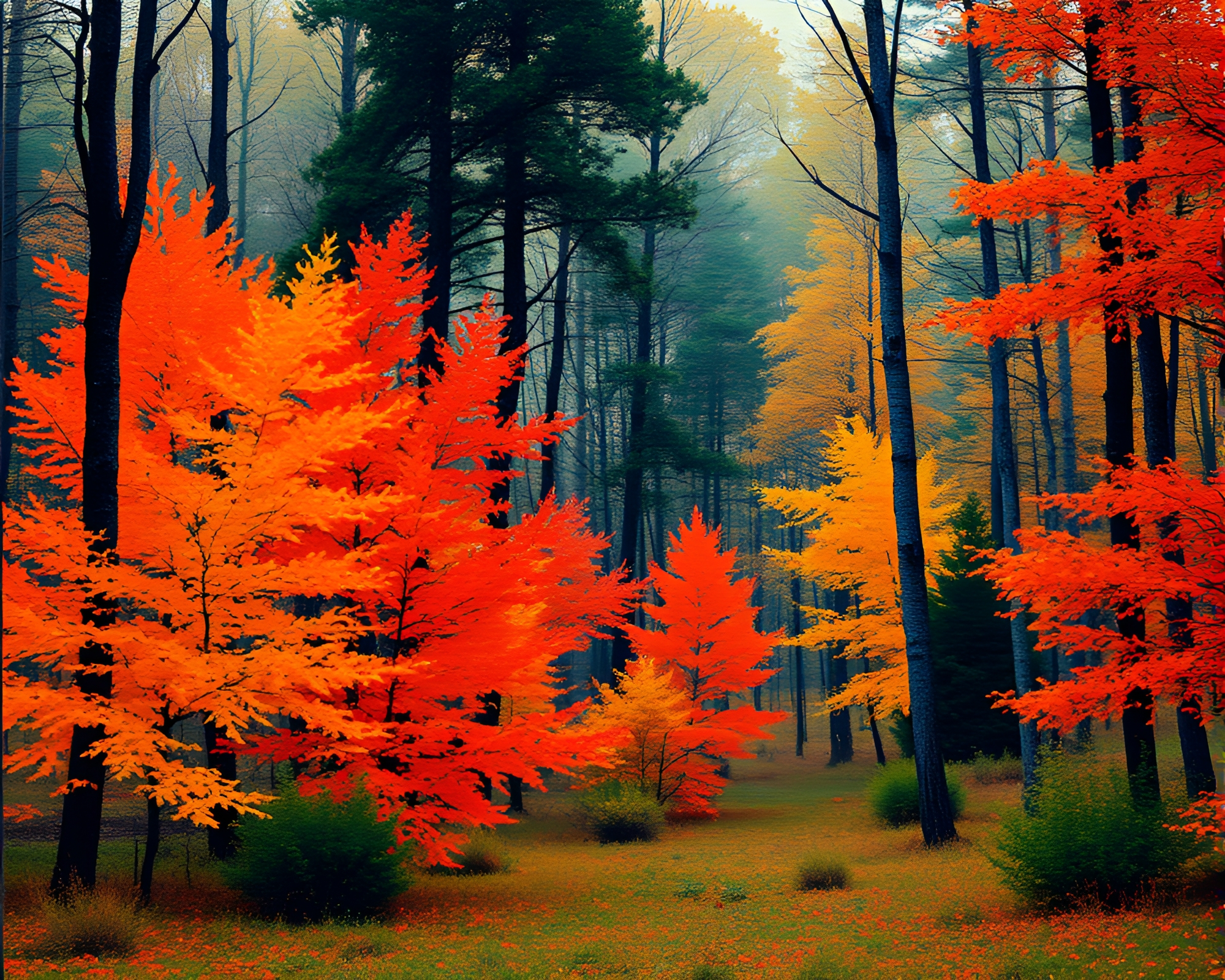 Halftone Grid Impressionist Autumn Forest Scene – free AI stock image