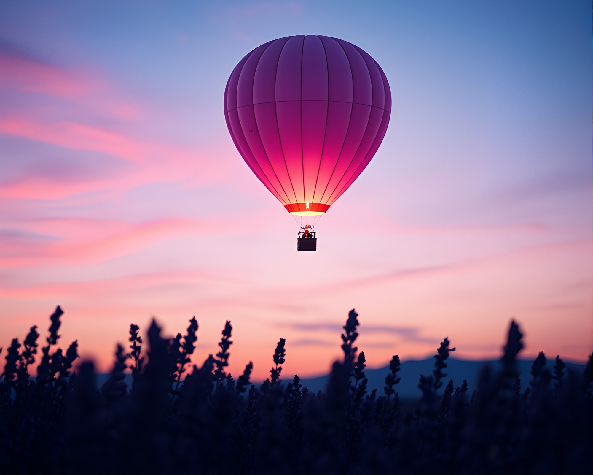Lavender Twilight Hot Air Balloon Particle Simulation – free AI stock image