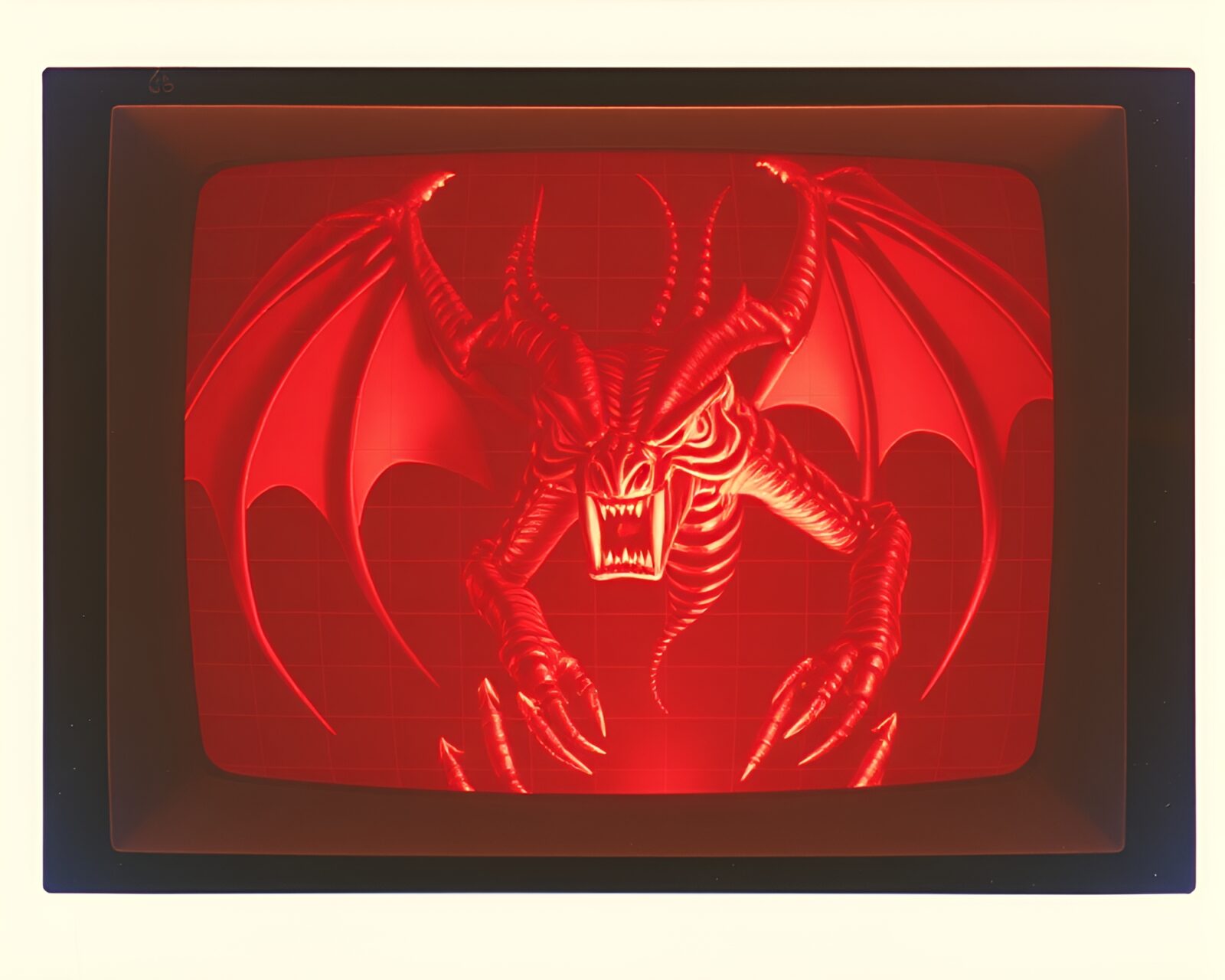 Three-headed dog surrounded by digital grid lines in vintage frame