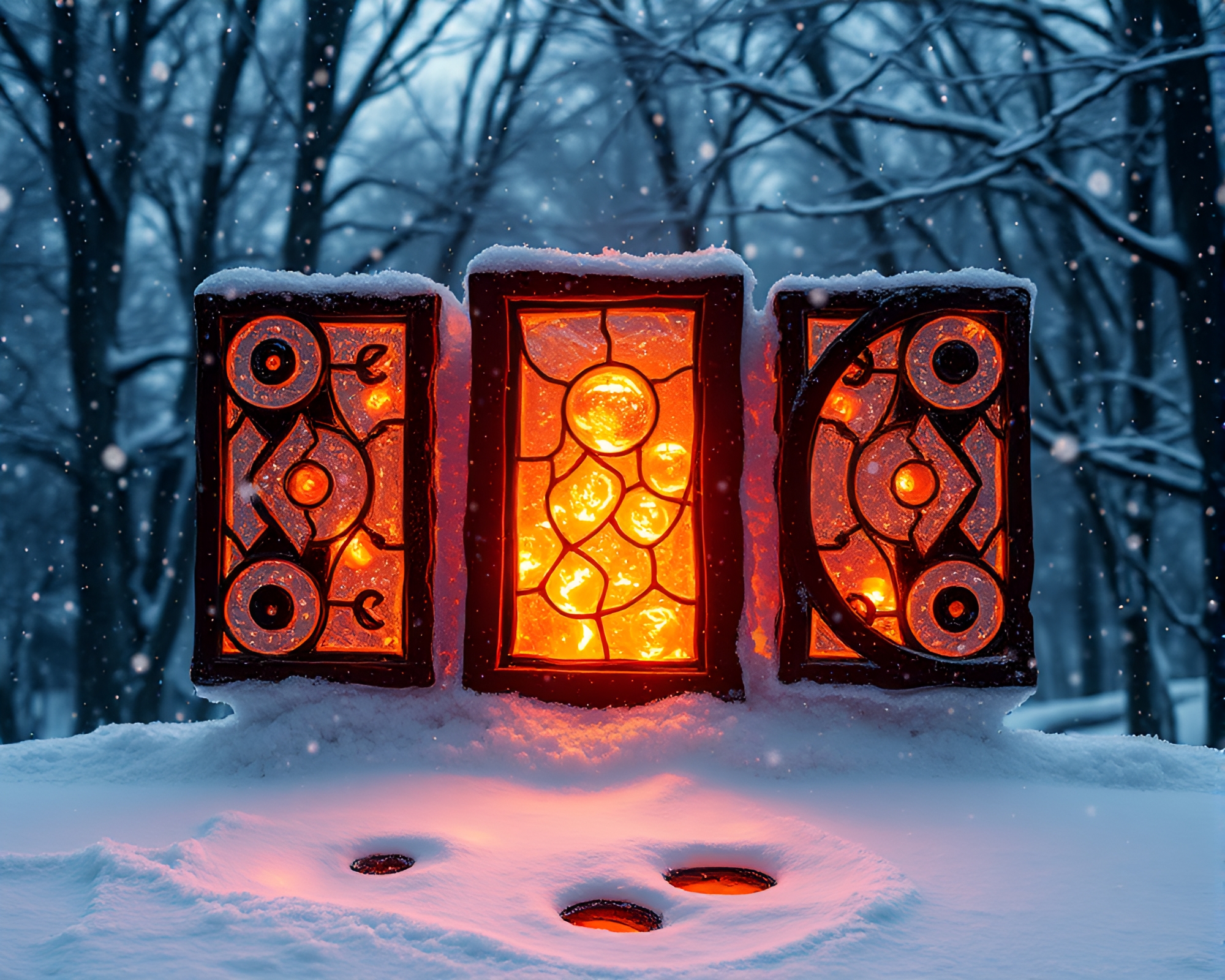 Enchanting Rune-Filled Stained Glass with Floating Embers – free AI stock image