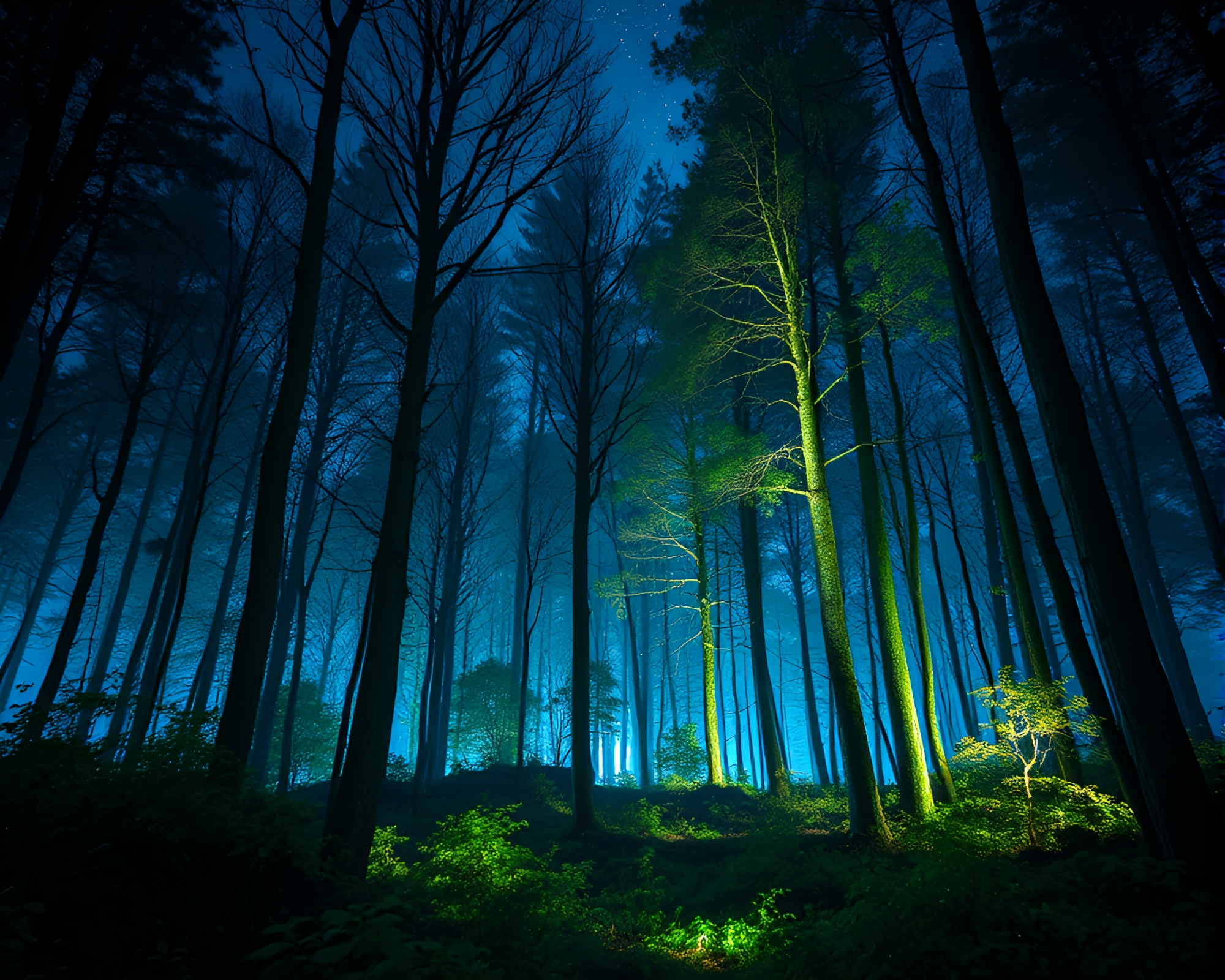 Bioluminescent Forest Enveloped in Stage Spotlight – free AI stock image