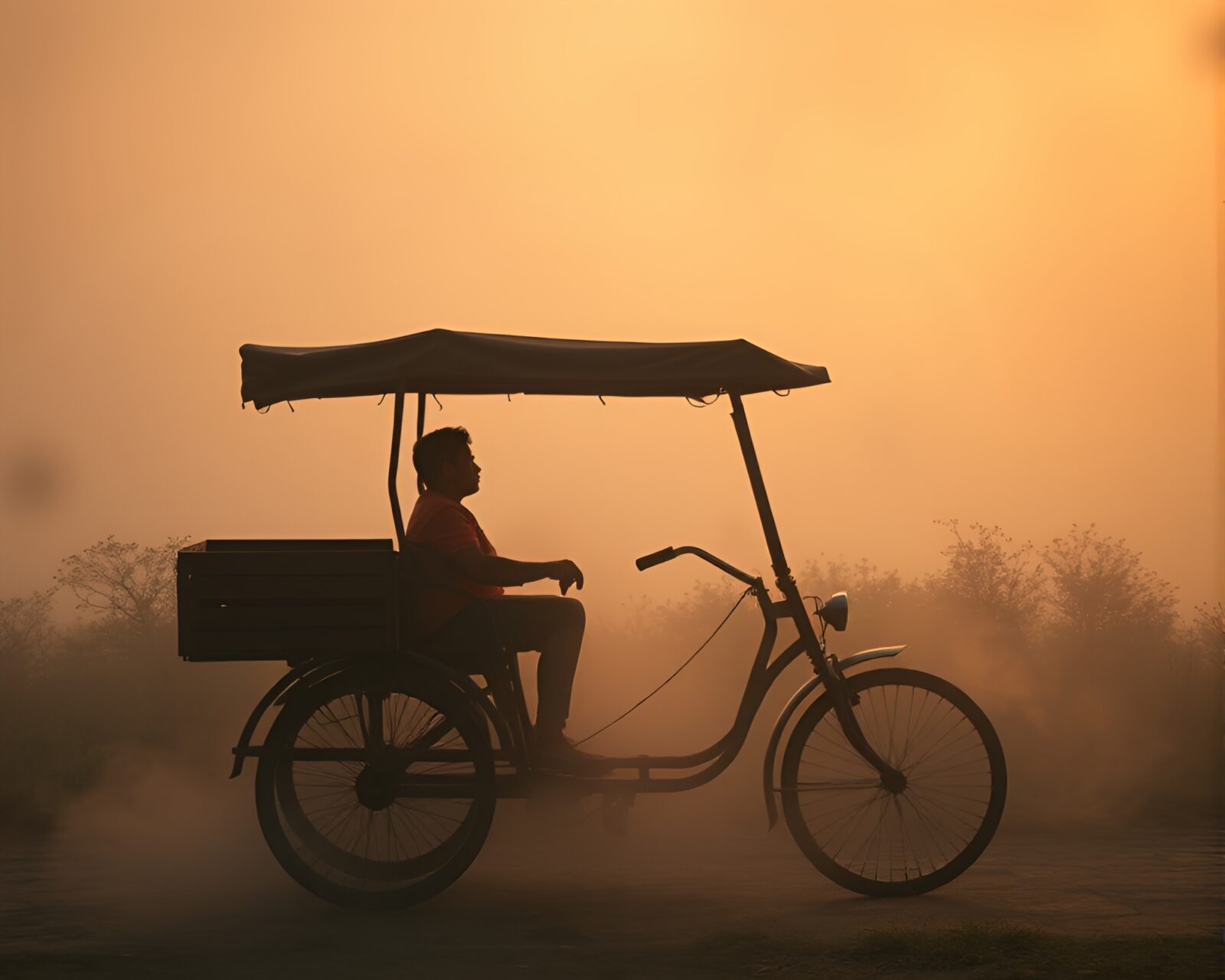 Futuristic rickshaw in hazy utopian cityscape at dawn