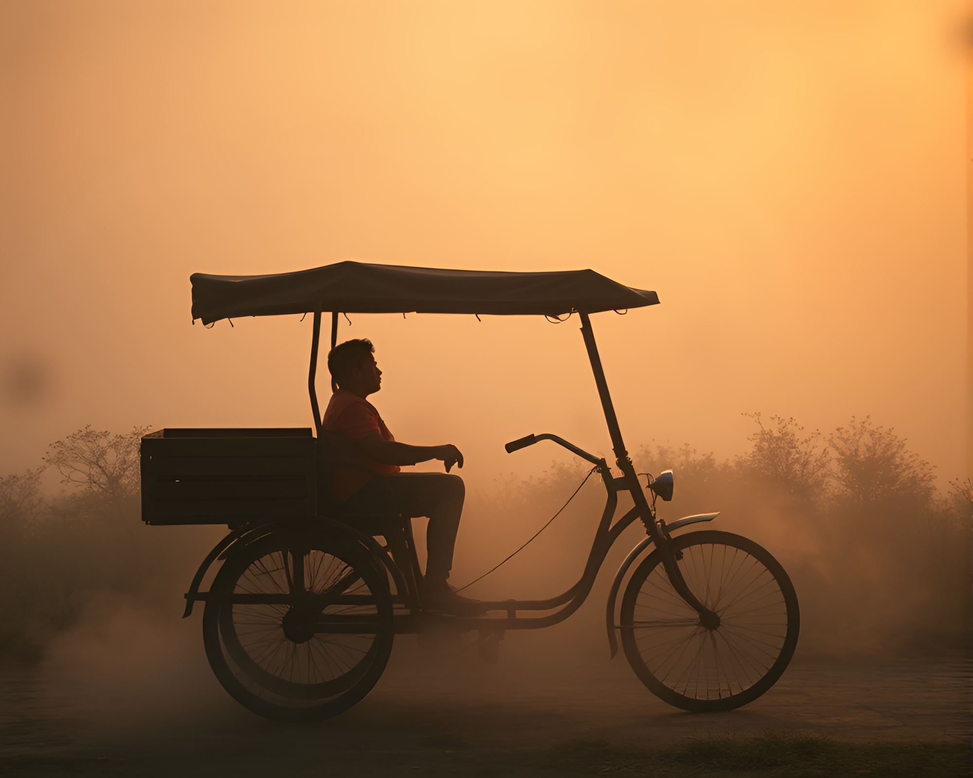 Rickshaw Ride through Smoky Utopia – free AI stock image