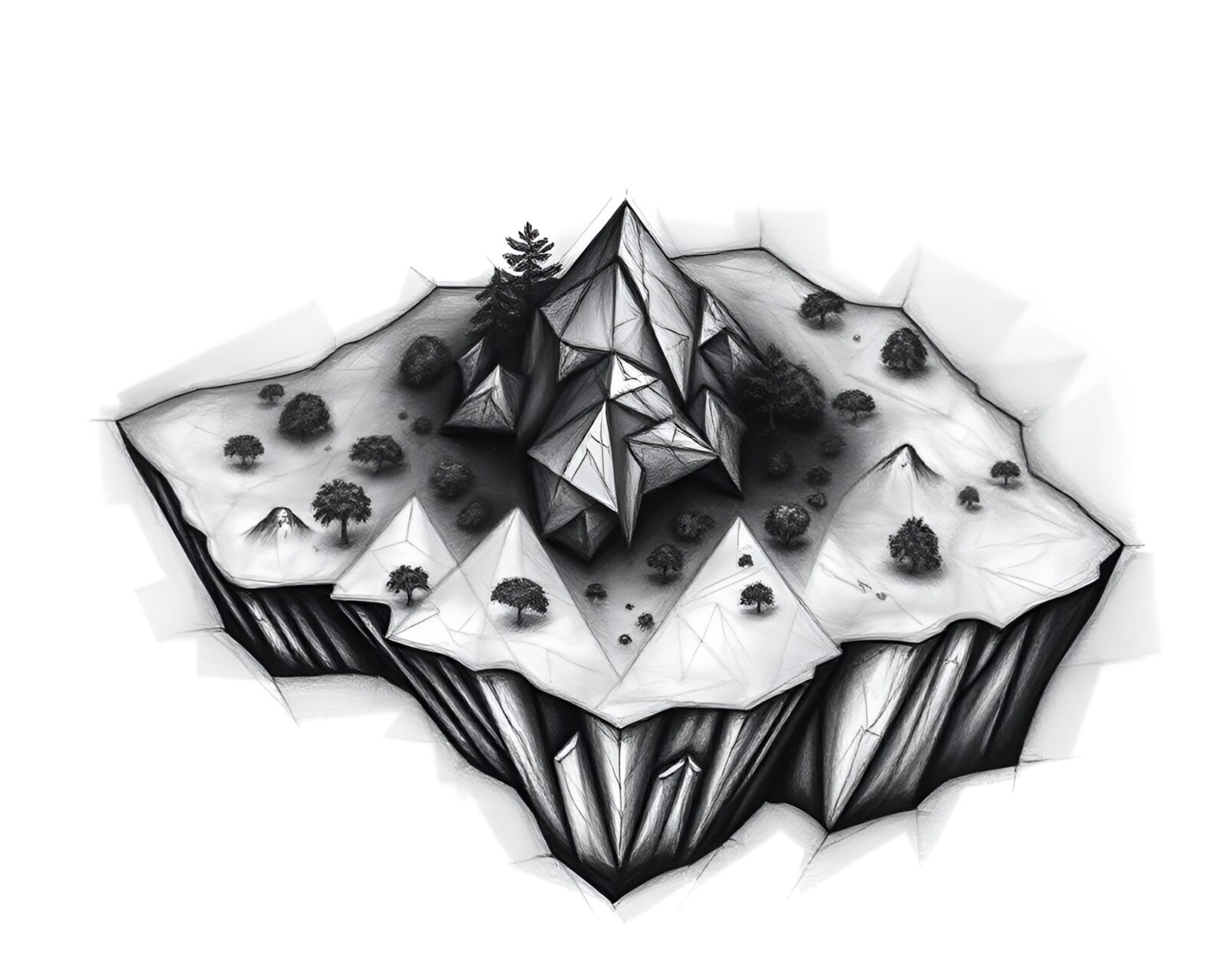 Abstract charcoal sketch of geometric island in triadic colors