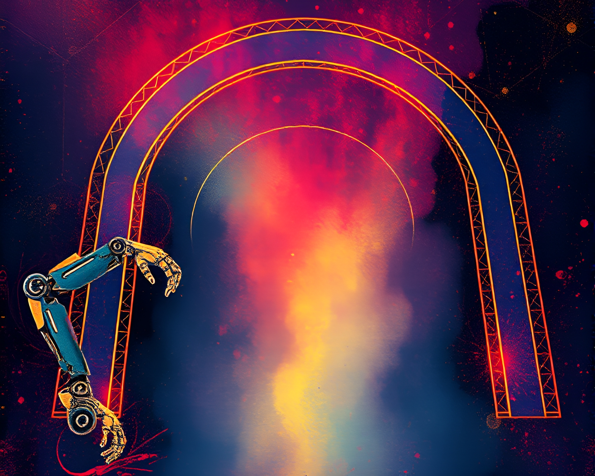 Futuristic Robotic Arm in Aurora Hues Splatter Art Compositions – free AI stock image