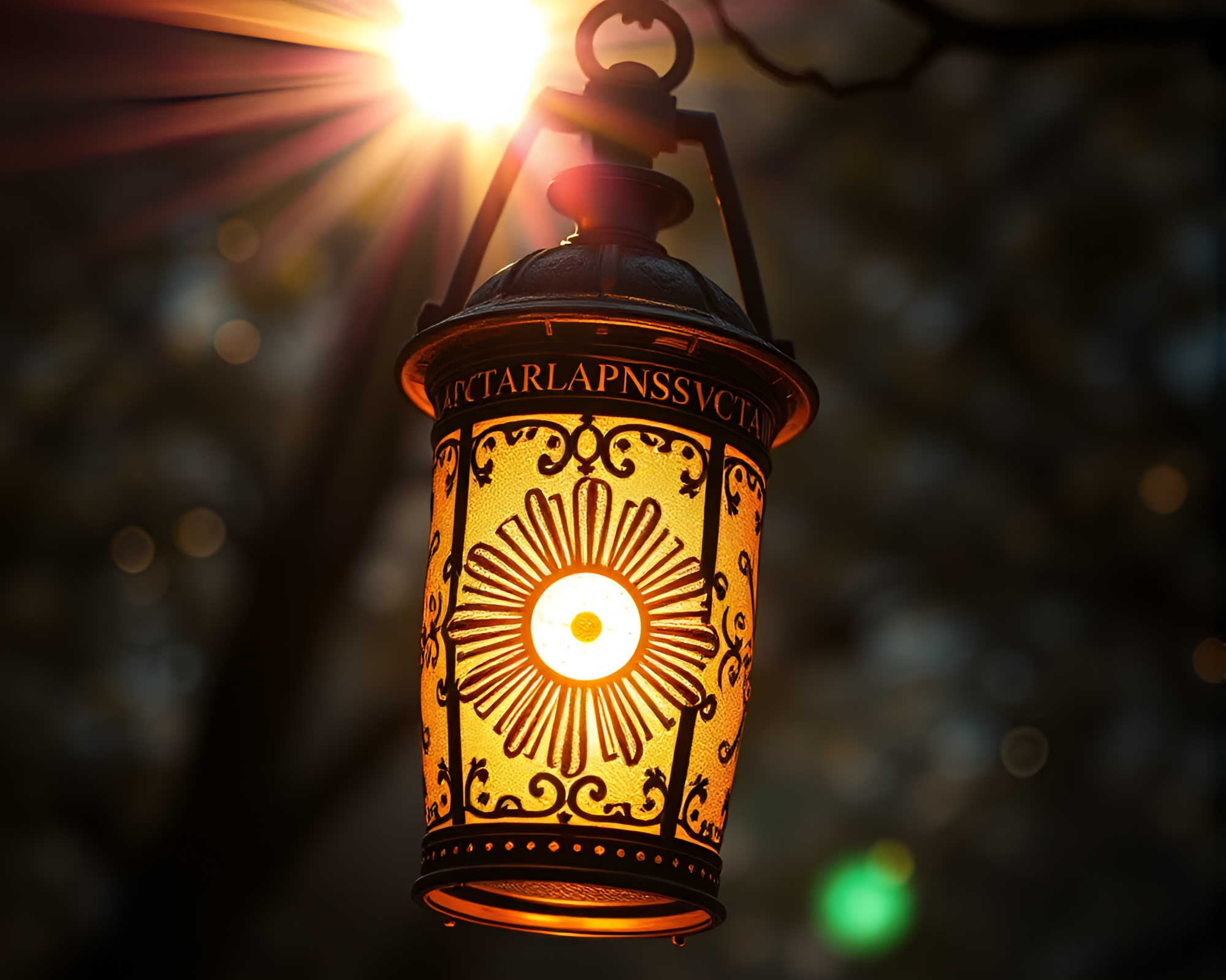 Gilded Lantern Illuminated by Solar Flare Engraving – free AI stock image