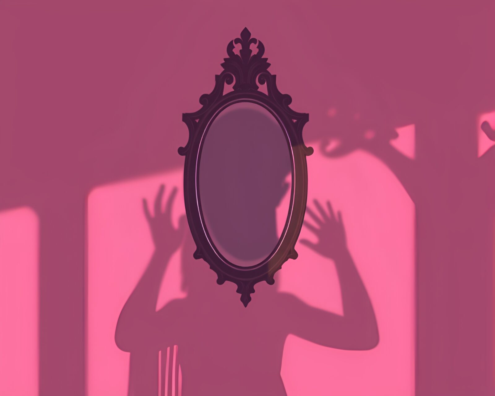 Soft pink pixel art mirror with ghostly shadows looming