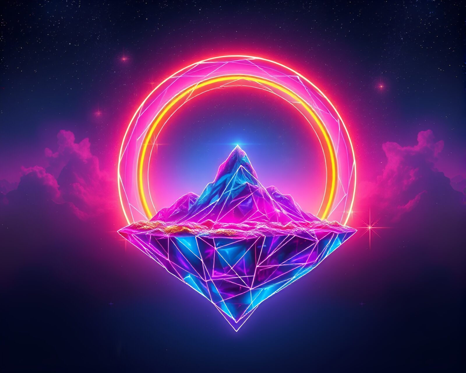 Ethereal island floating in neon wireframe against cosmic rainbow backdrop