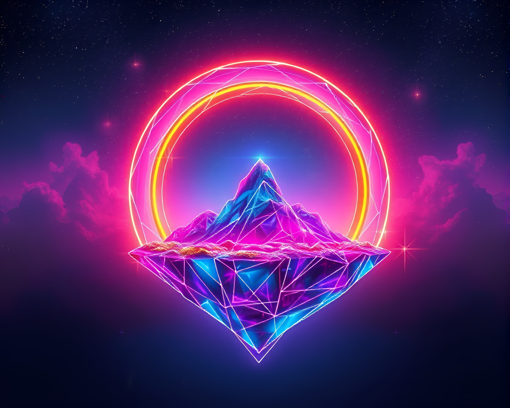 Neon Wireframe Floating Island in Cosmic Rainbow Light – free AI stock image