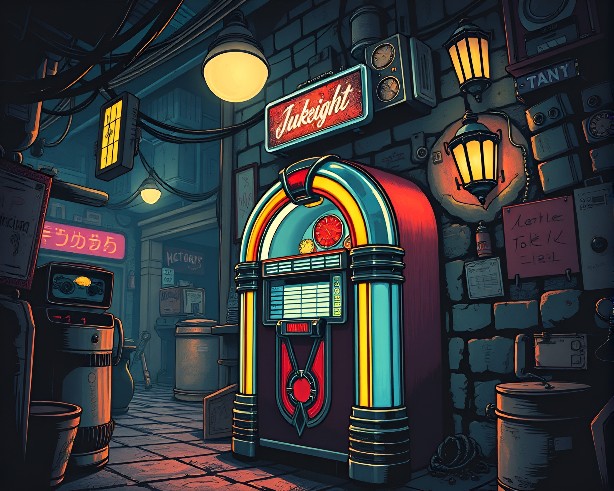 Retro Jukebox Street Art in Manga Dungeon Light – free AI stock image