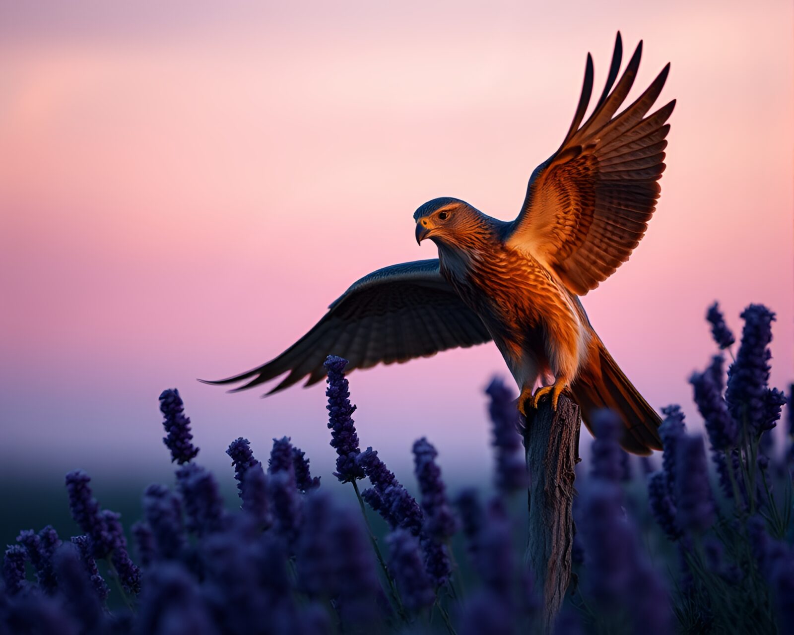 Majestic bronze falcon statue under lavender twilight sky