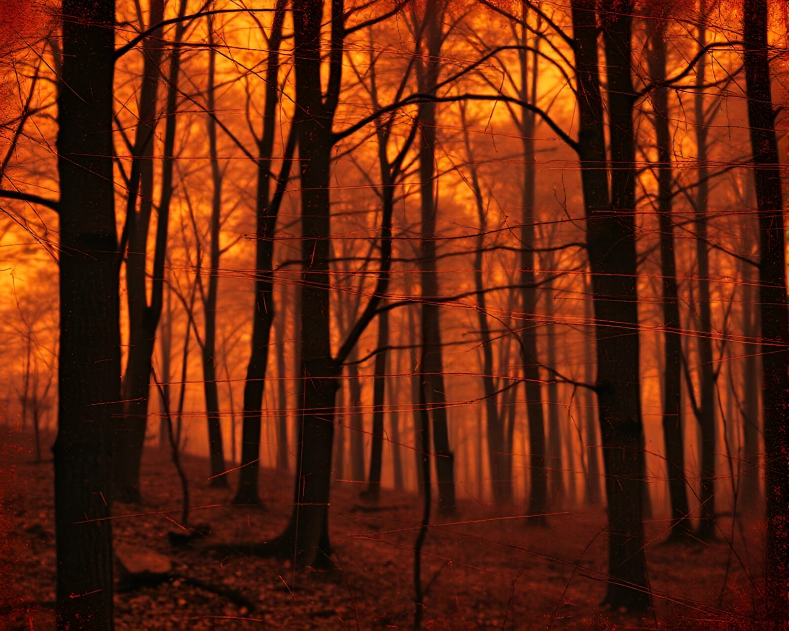Ethereal forest scene in burnt orange duochrome light