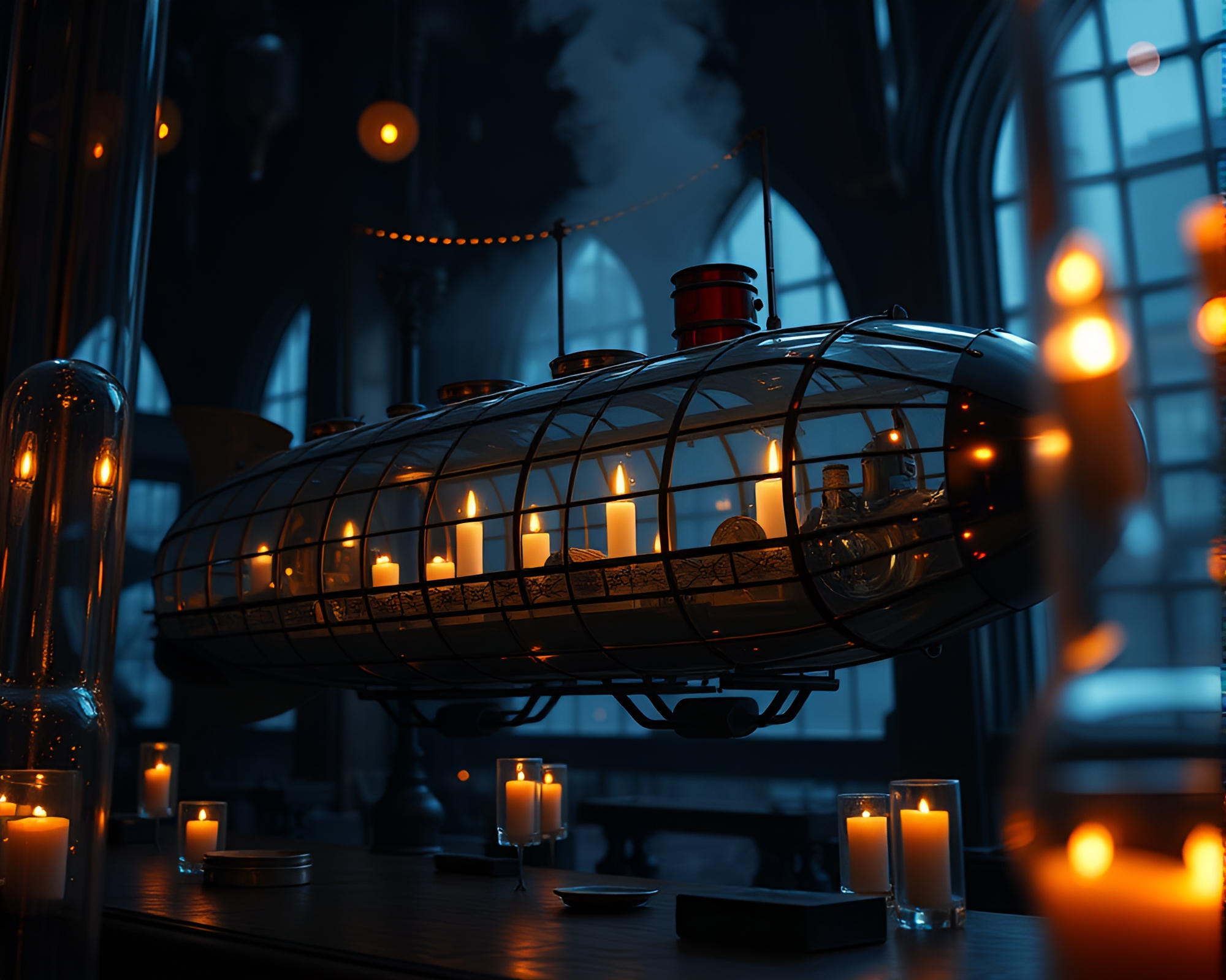 Steampunk Airship in Candlelit Glass Distortion – free AI stock image