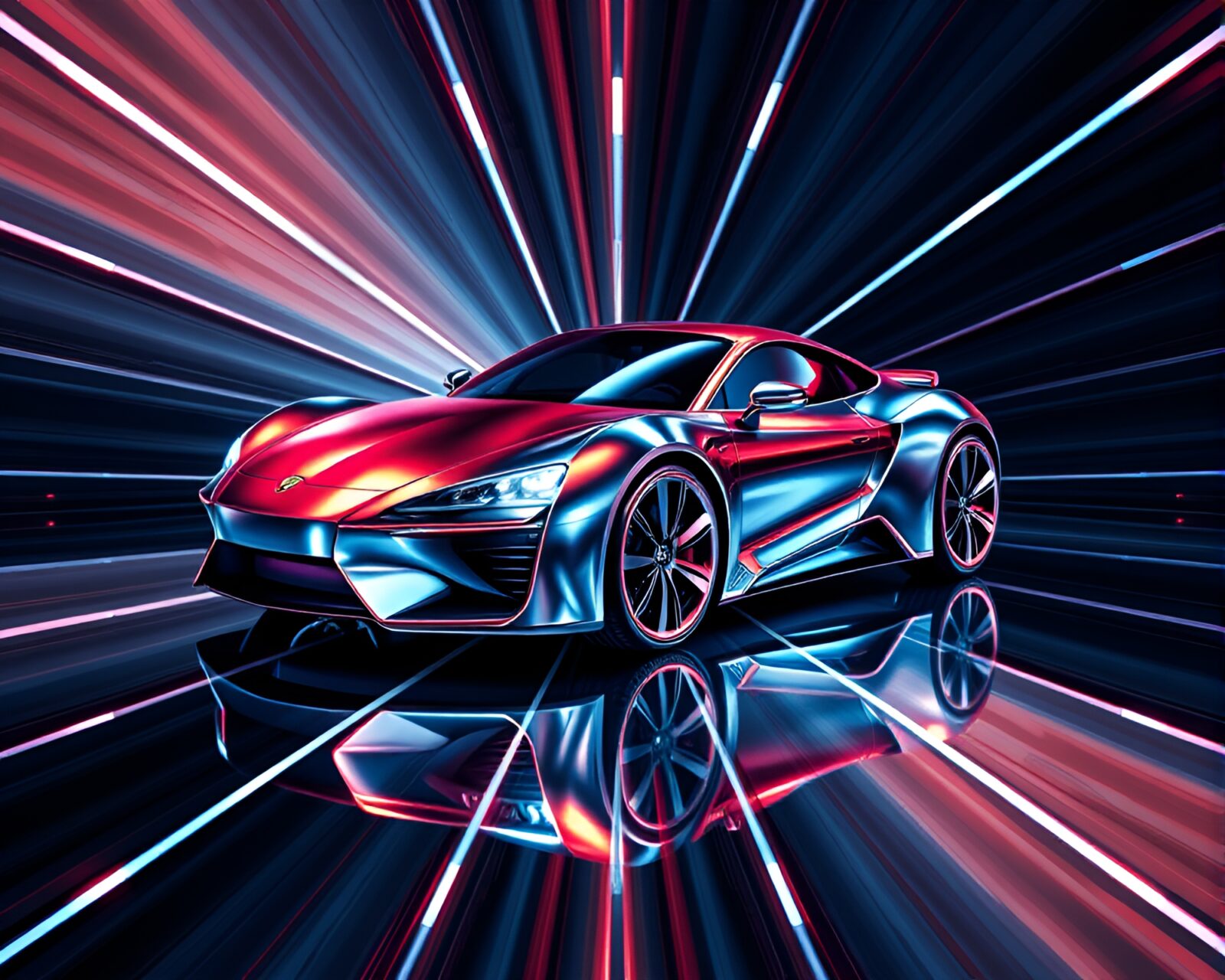 Shimmering metallic hover car with intricate geometric shapes