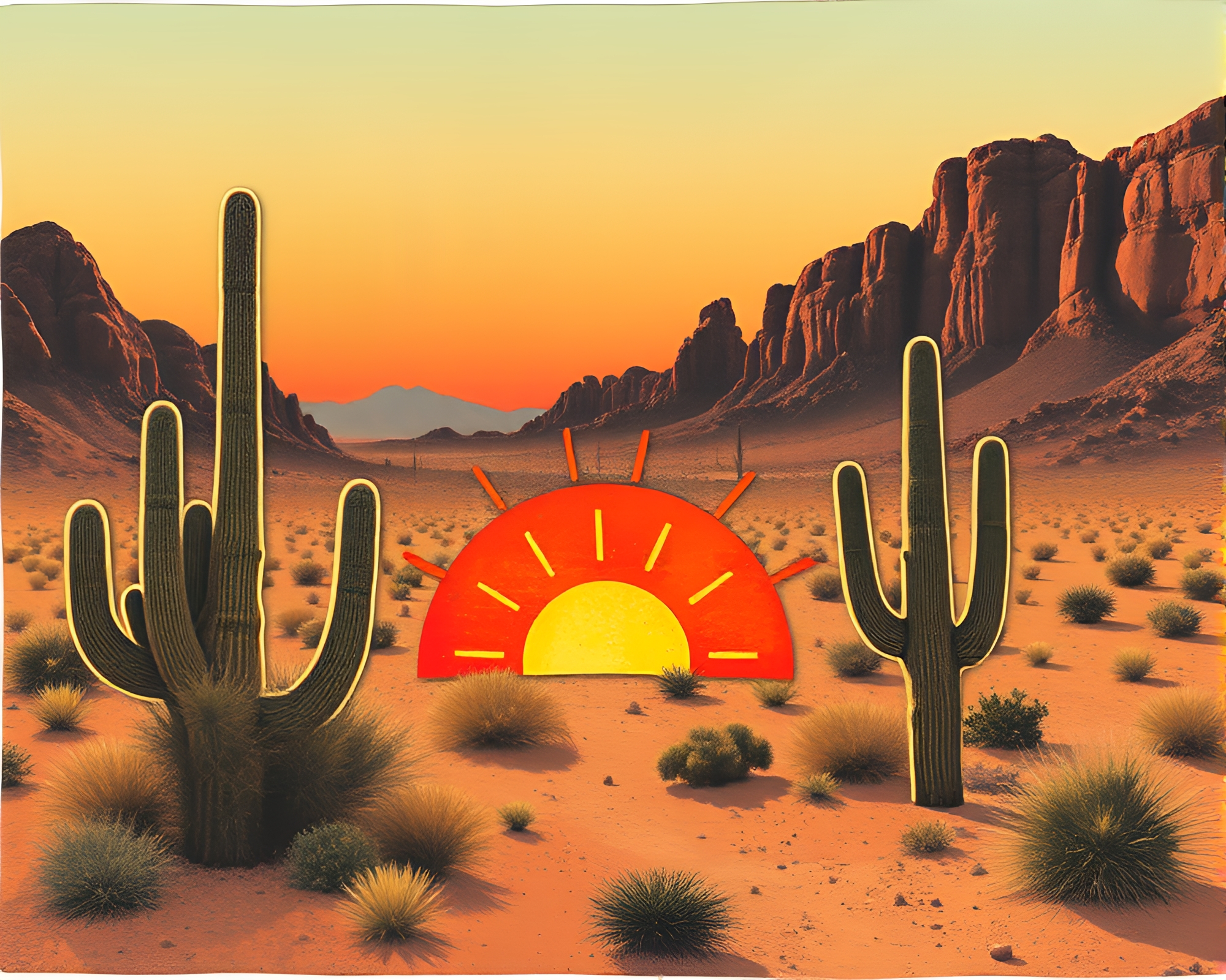 Desert Oasis Collage: Solar Flare Glow – free AI stock image