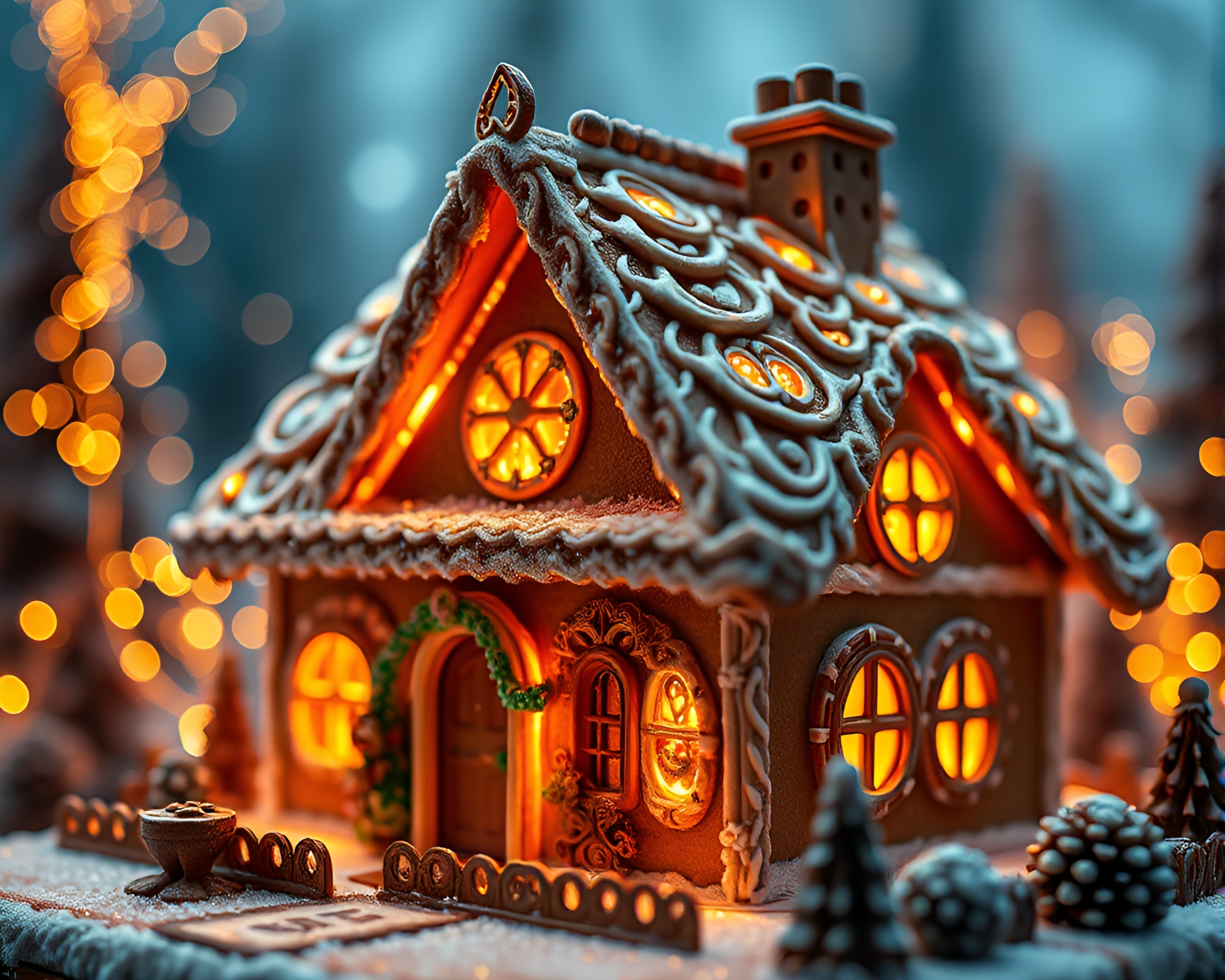 Futuristic Gingerbread House HUD with Bronze Sheen Close-Up – free AI stock image