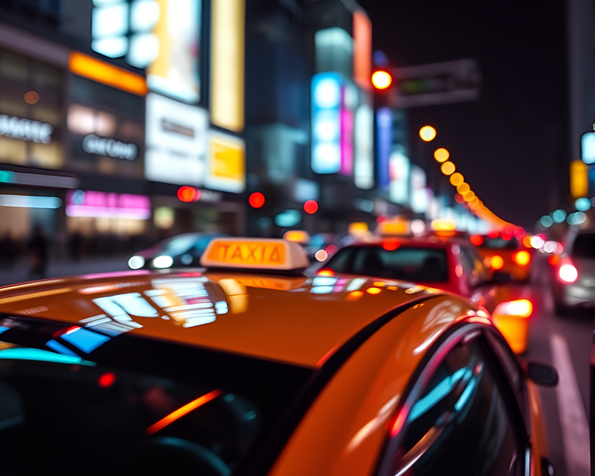 Neon Taxi Streaking Through Synthwave Cityscape – free AI stock image