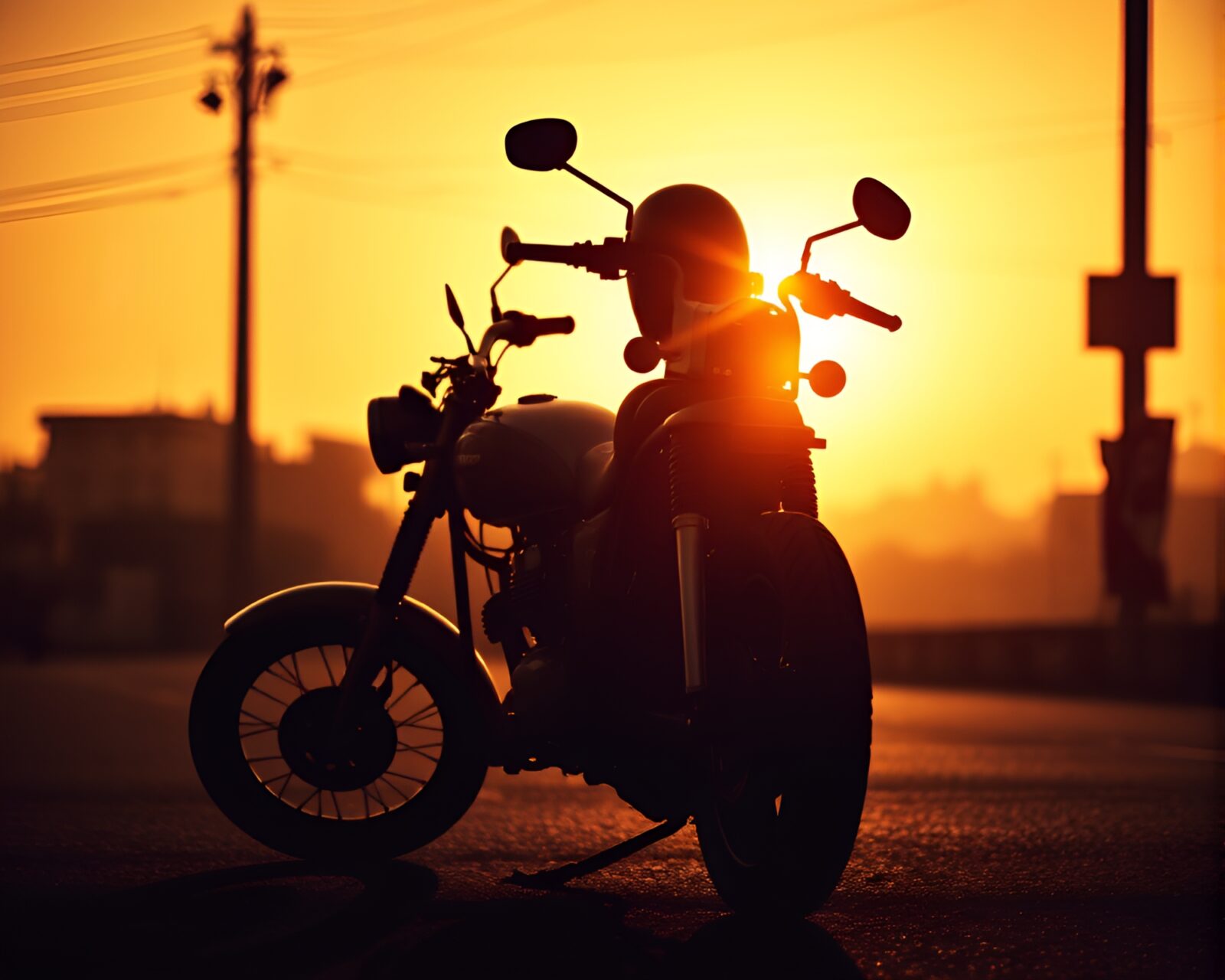Wide-angle shot of a neon motorcycle silhouette at sunset