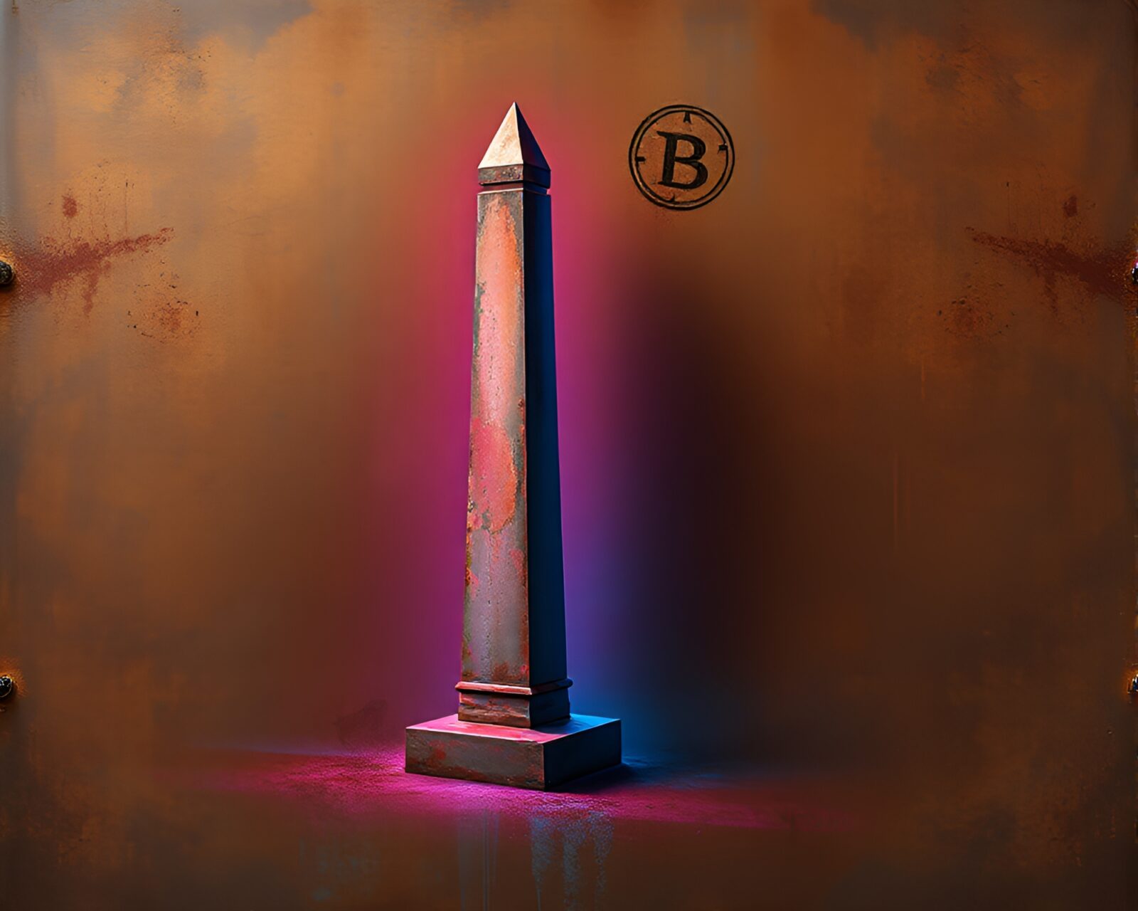 Glowing neon obelisk with rust patina in sgraffito artwork