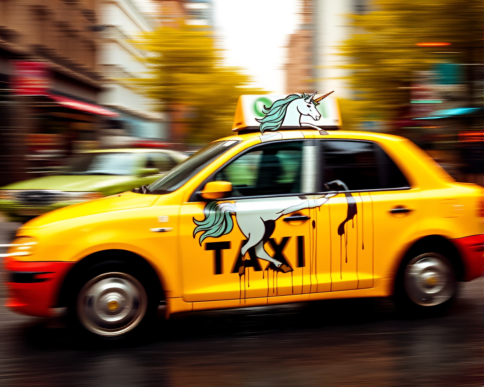 Lemon Yellow Unicorn Taxi Rushing Through Dripped Paint Streets – free AI stock image