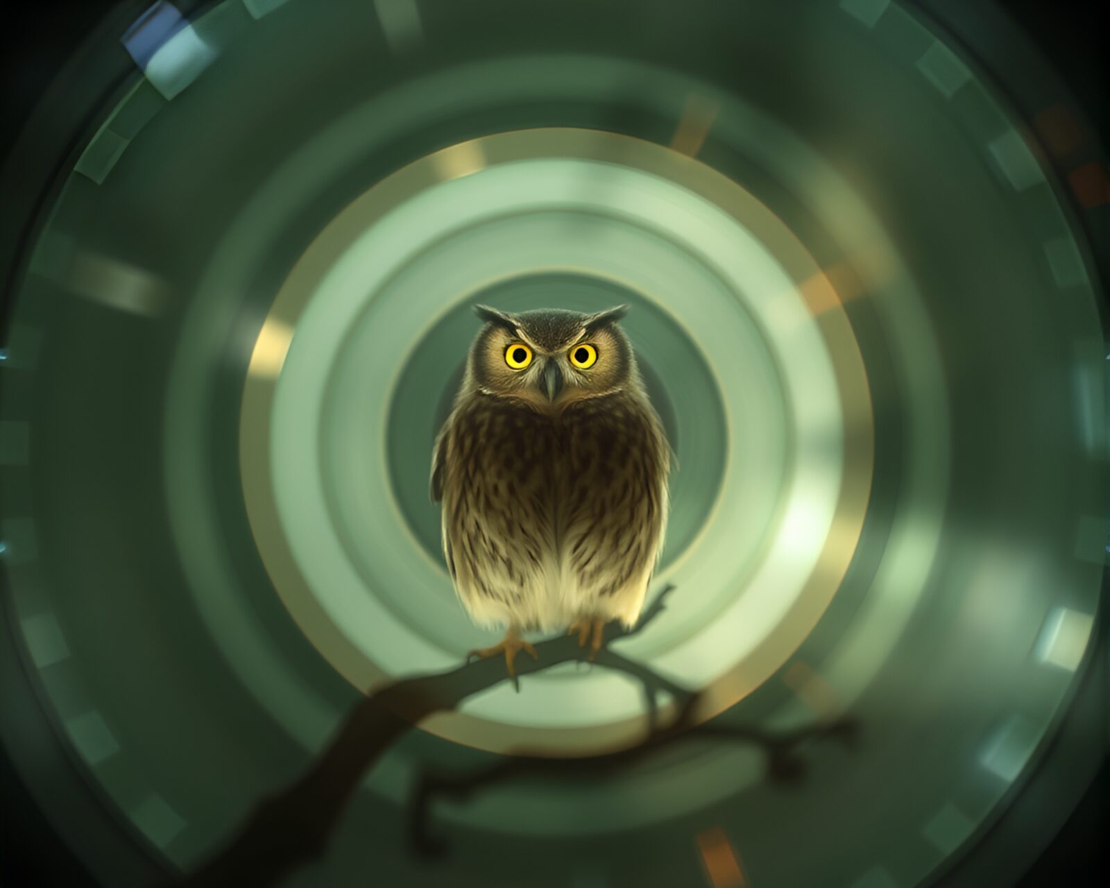 Mysterious clockwork owl surrounded by intricate circles in shadow