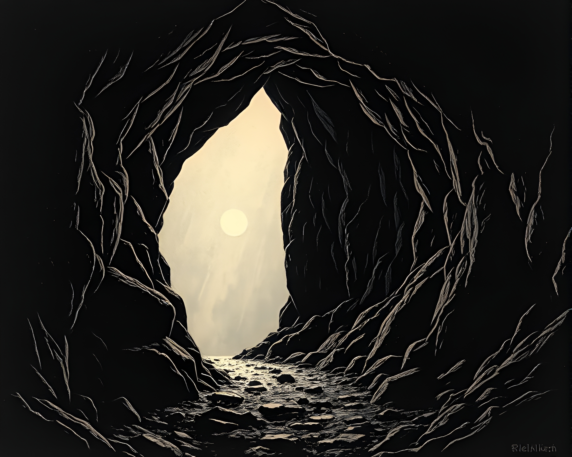 Eerie Cave Entrance Lamp Matte Painting Composition – free AI stock image
