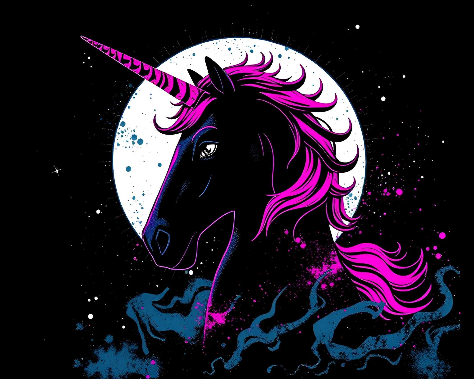 Ink Splashed Unicorn: Retro Noir Fantasy Artwork – free AI stock image