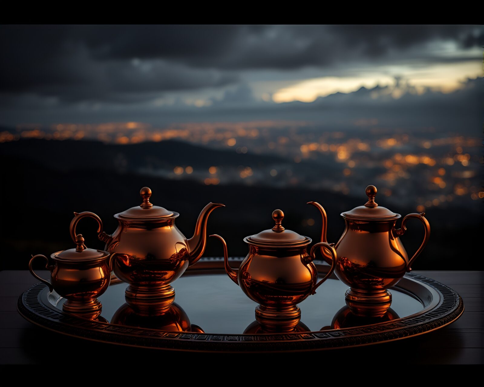 Panoramic view of a tea set in copper tones chiaroscuro