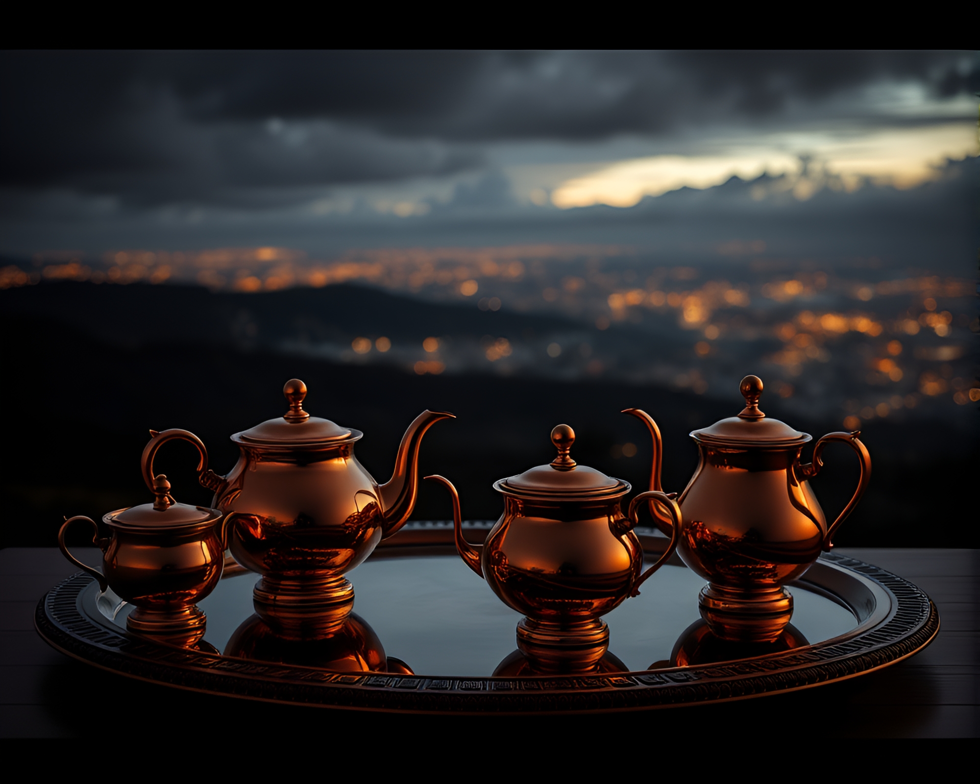 Enchanting Tea Set: Copper Tones Chiaroscuro Panorama – free AI stock image