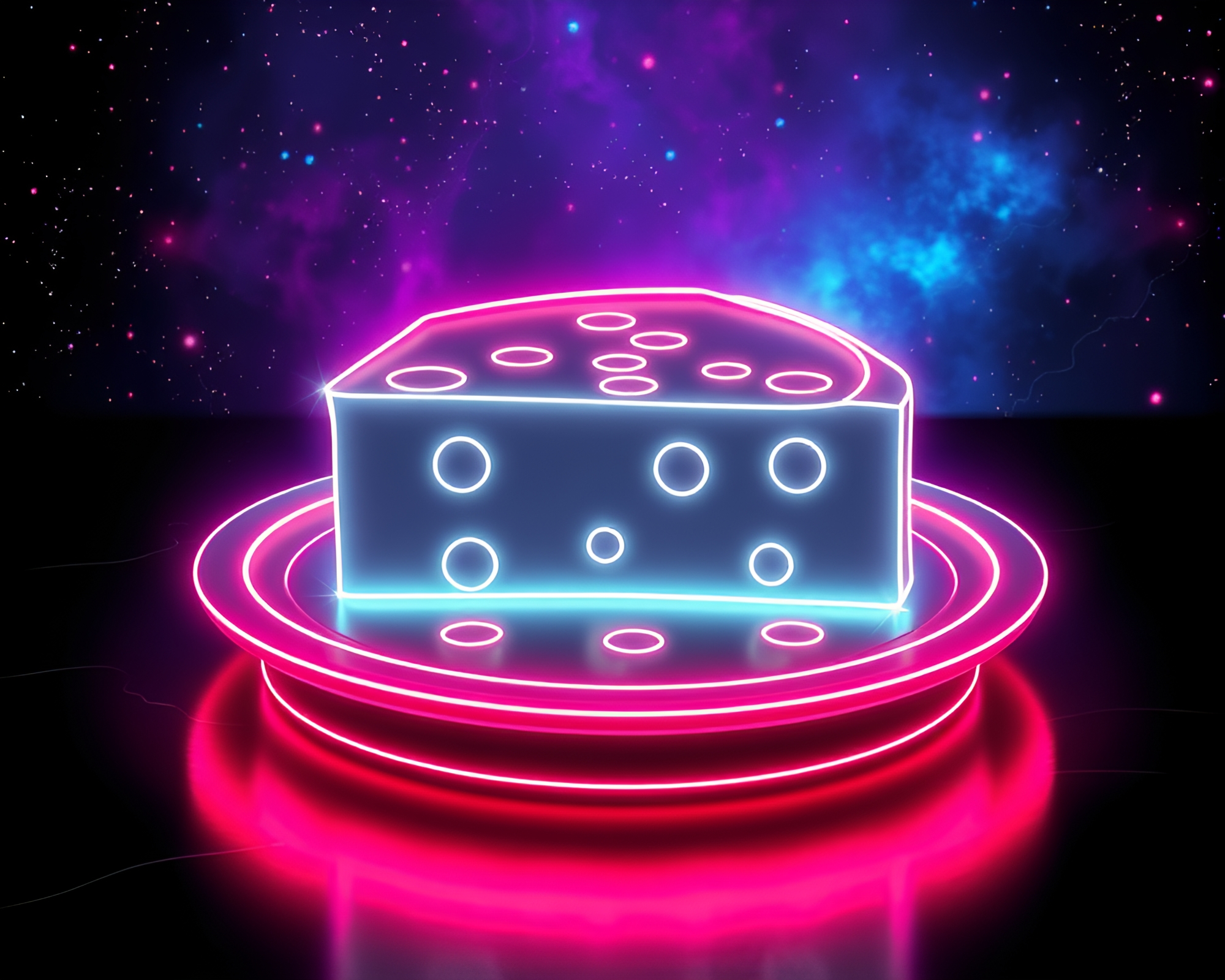 Luminous Cheese Platter amidst Cosmic Neon Wireframe – free AI stock image
