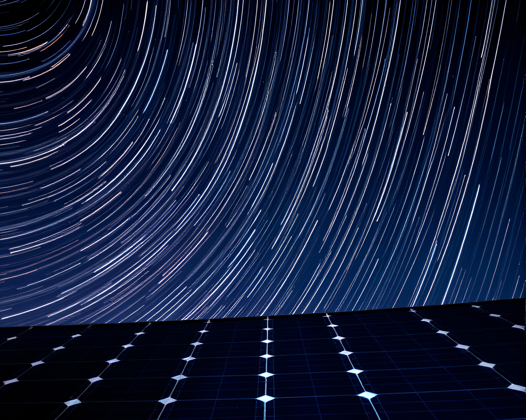 Glowing Star Trails Over Solar Panel Array – free AI stock image