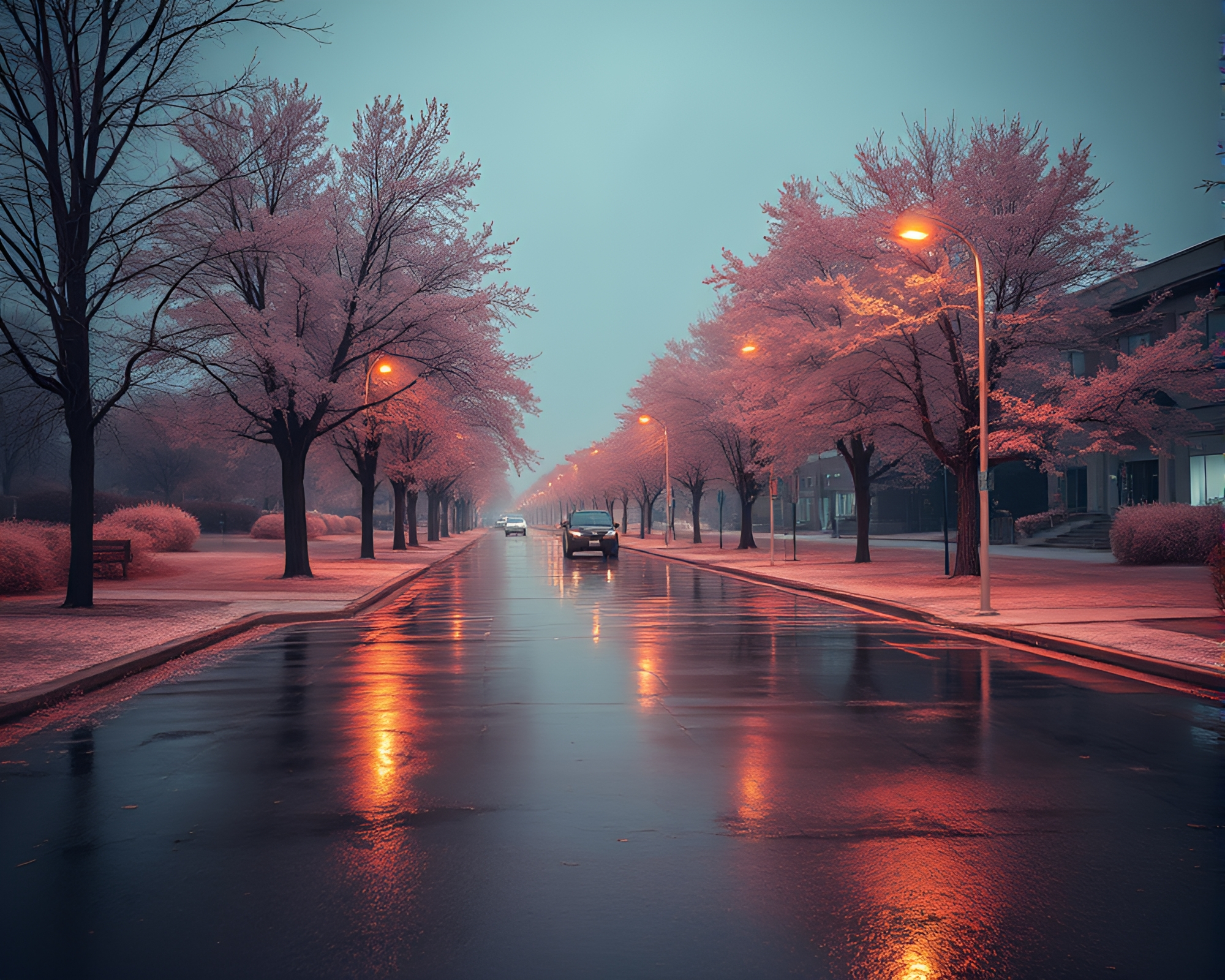 Rain-soaked piano on infrared streetscape – free AI stock image