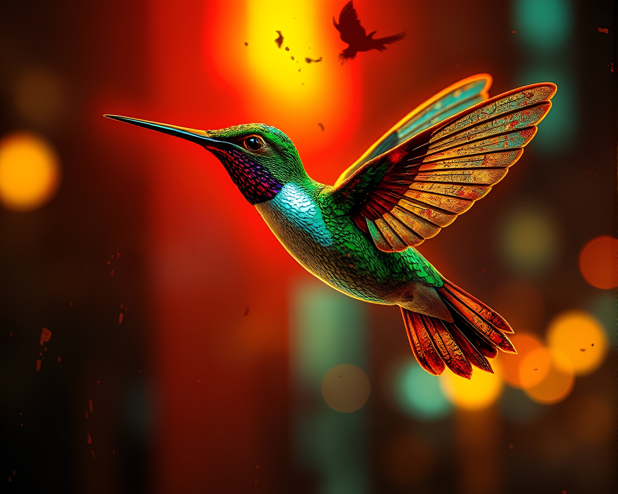 Rust Patina Hummingbird in Neon City Glow – free AI stock image