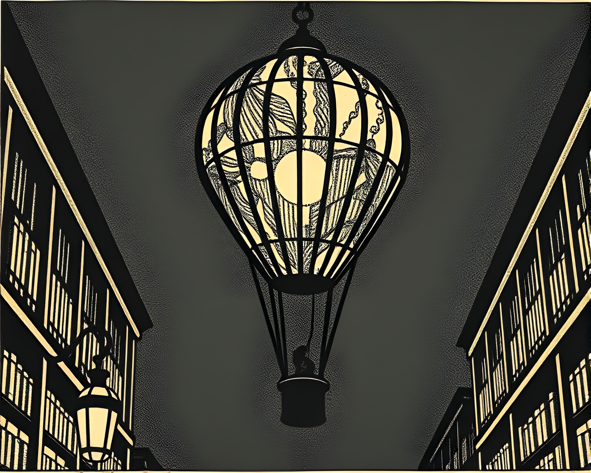 Surreal Woodblock Hot Air Balloon Library Op Art – free AI stock image