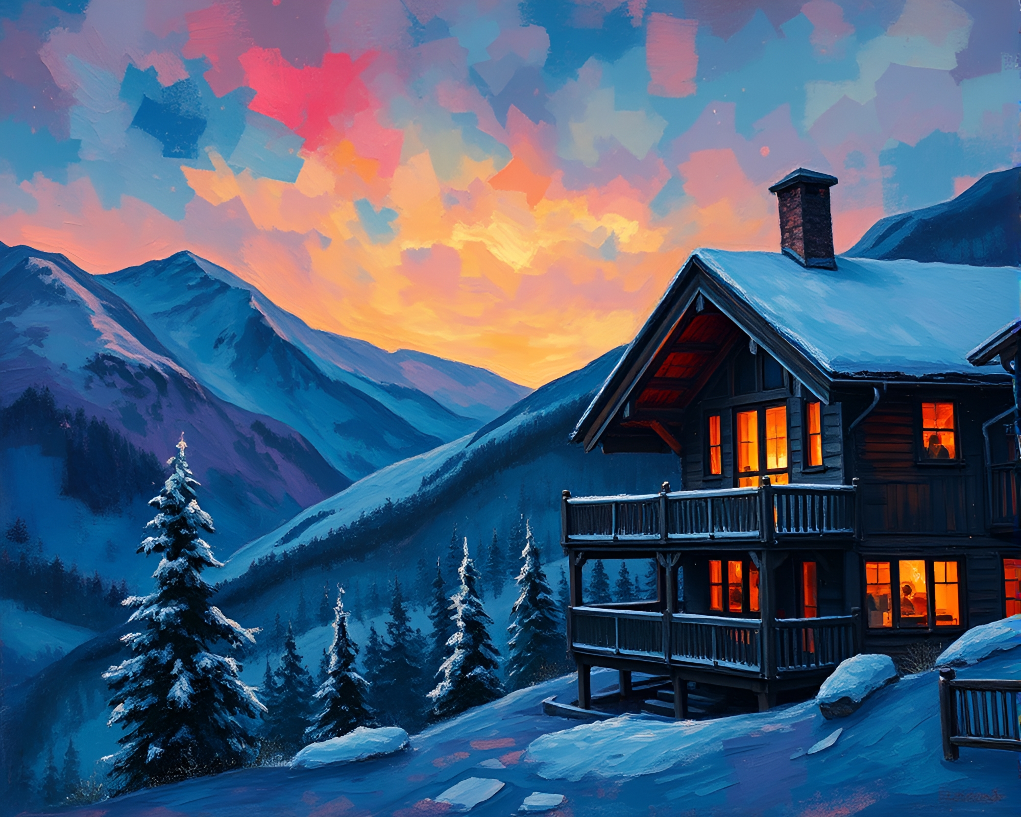 Impasto art of aurora hues in Alpine chalet – free AI stock image