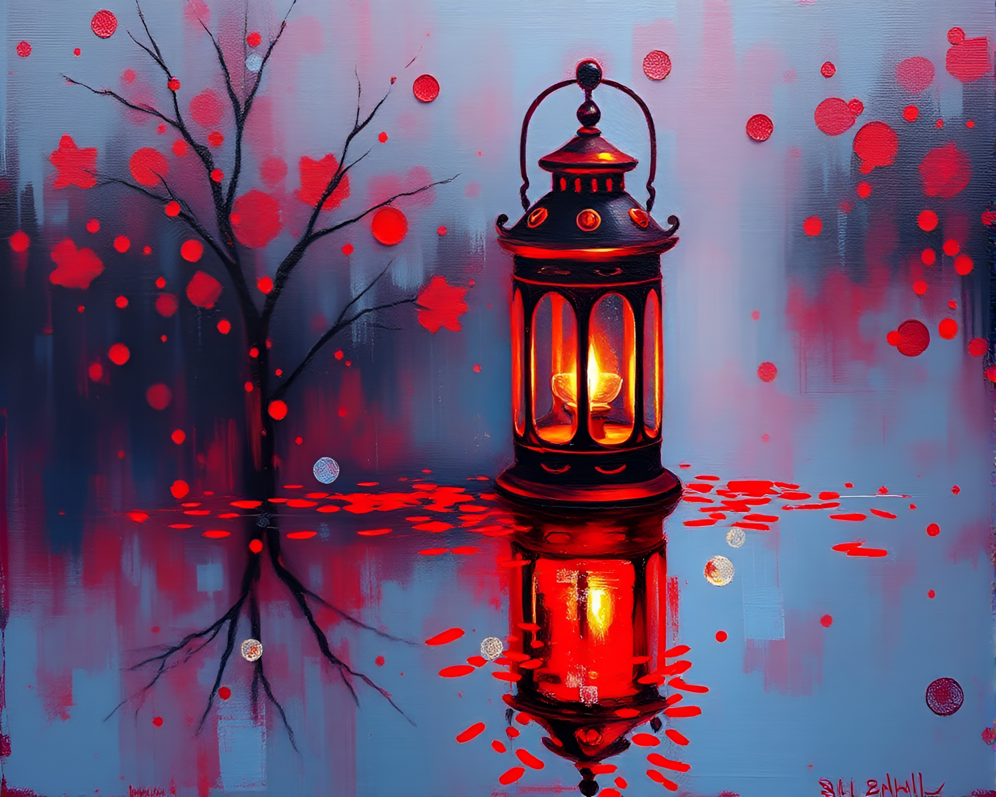 Enchanting Oil Lantern Reflection in Rich Ruby Red – free AI stock image